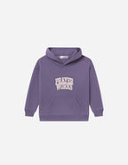 Purple Kids Hoodie by Elevated Faith featuring 'Prayer Works' graphic, perfect for Christian Kids Apparel.