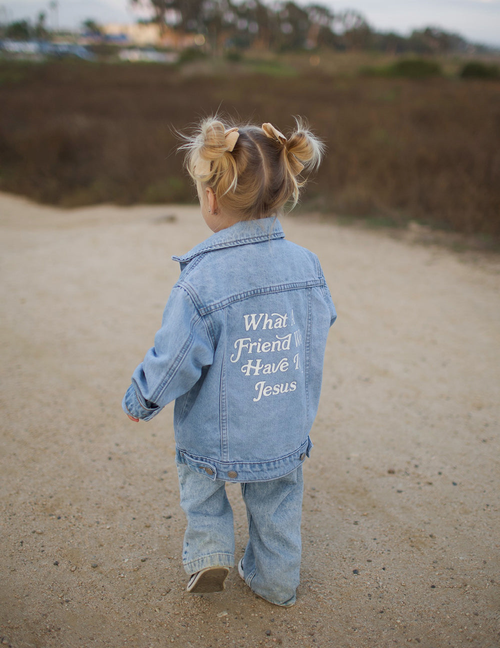 Kids Jean Jacket by Elevated Faith with 'What Friend We Have in Jesus' design for Christian Kids Apparel