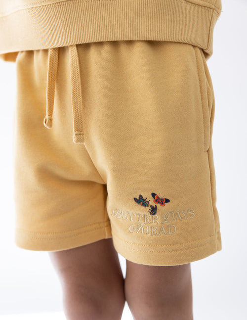 Elevated Faith Kids Short in Yellow with Butterflies and 'Better Days Ahead' embroidery, part of Christian Kids Apparel
