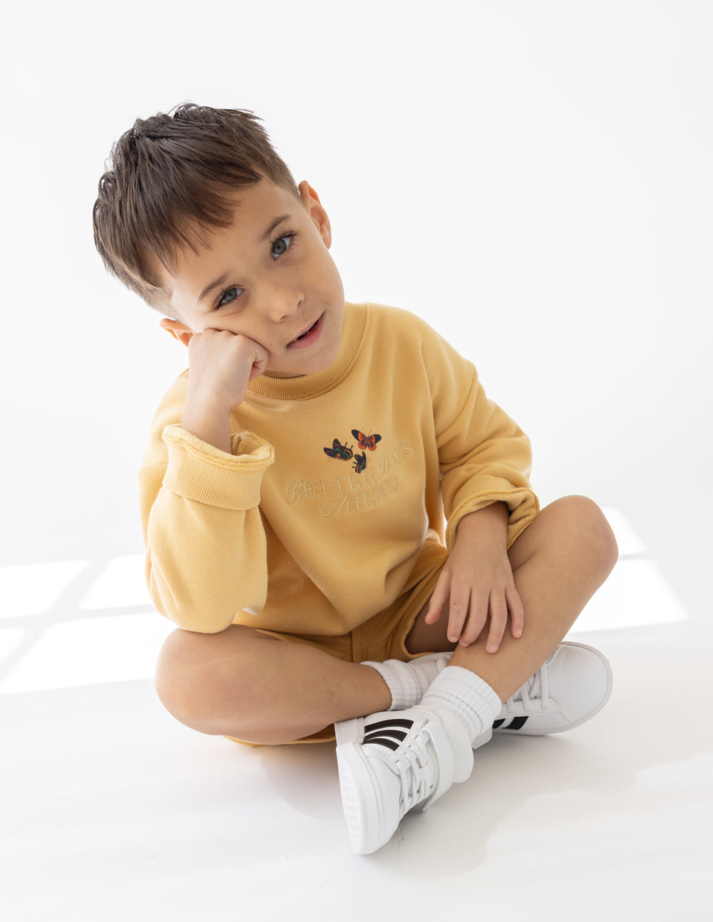 Elevated Faith Kids Crewneck in yellow with butterfly design for Christian Kids Apparel