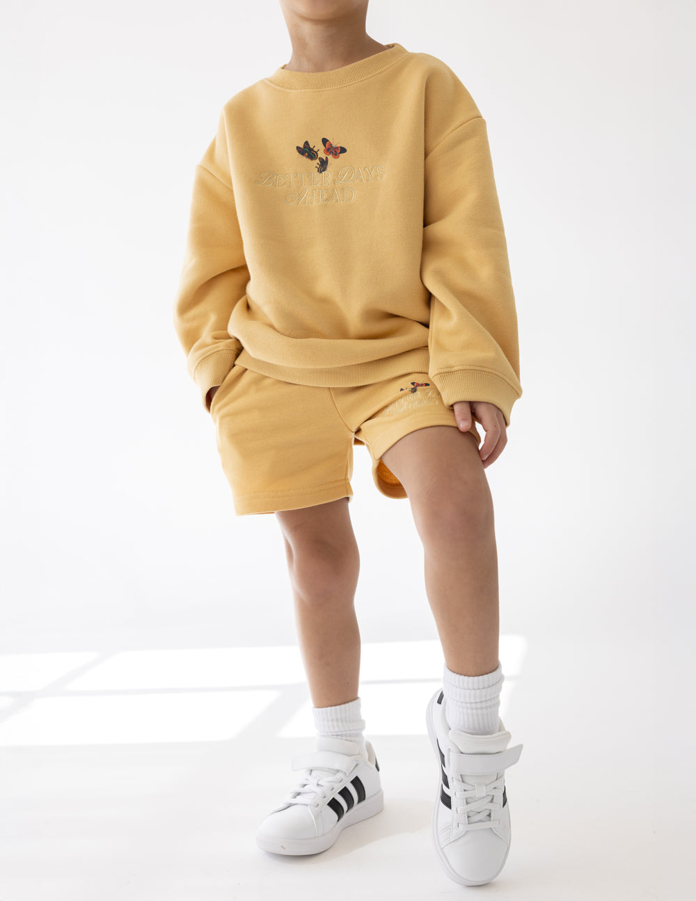 Elevated Faith Kids Crewneck Sweatshirt in Yellow featuring colorful butterfly design, perfect for Christian Kids Apparel