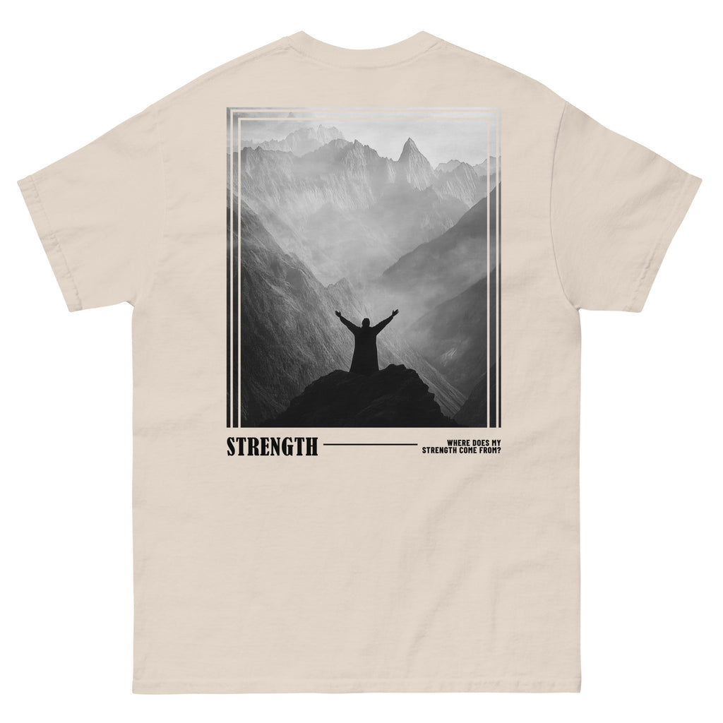 Rep The One Christian Shirt featuring a mountain design and the word 'STRENGTH' on the back