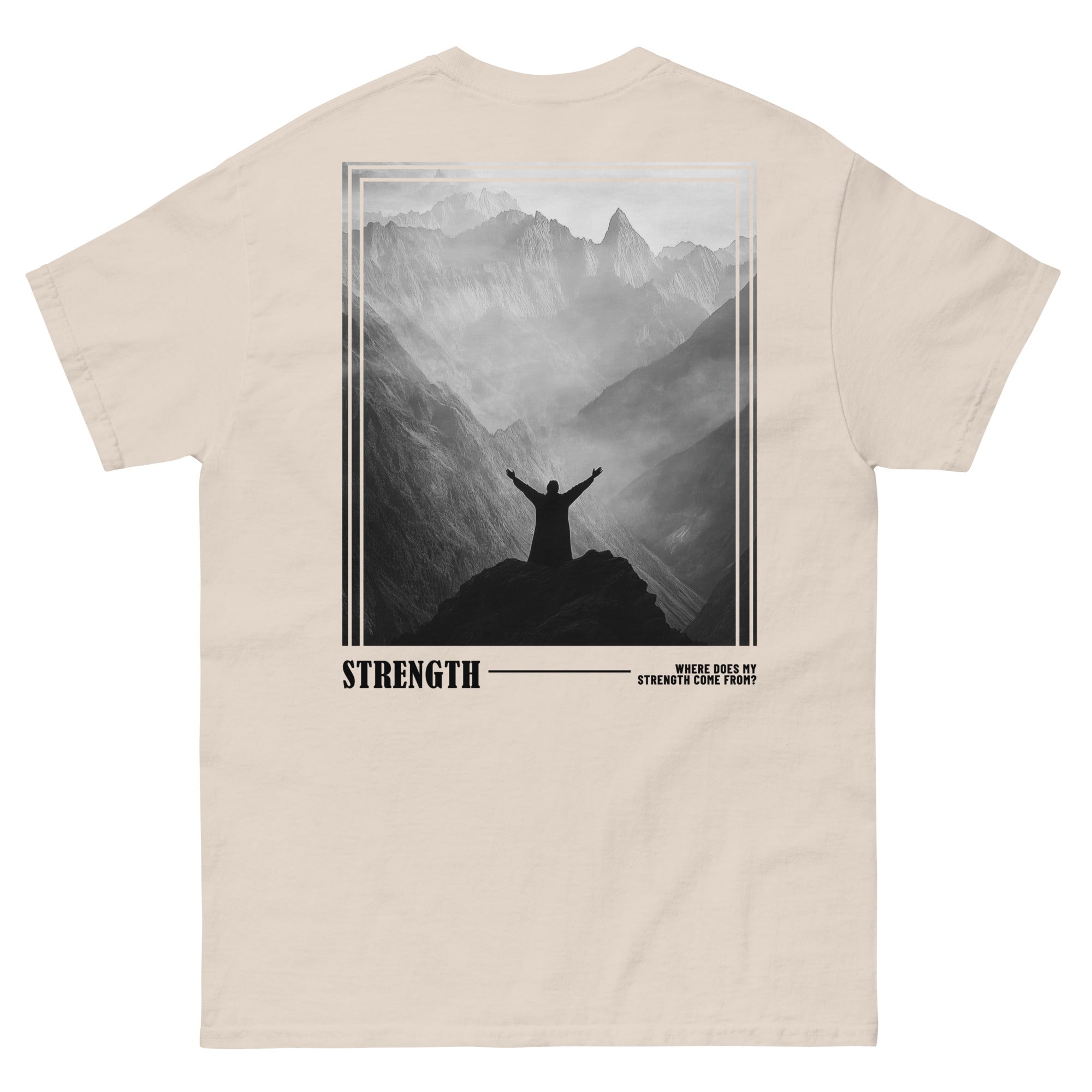 Rep The One Christian Shirt featuring a mountain design and the word 'STRENGTH' on the back