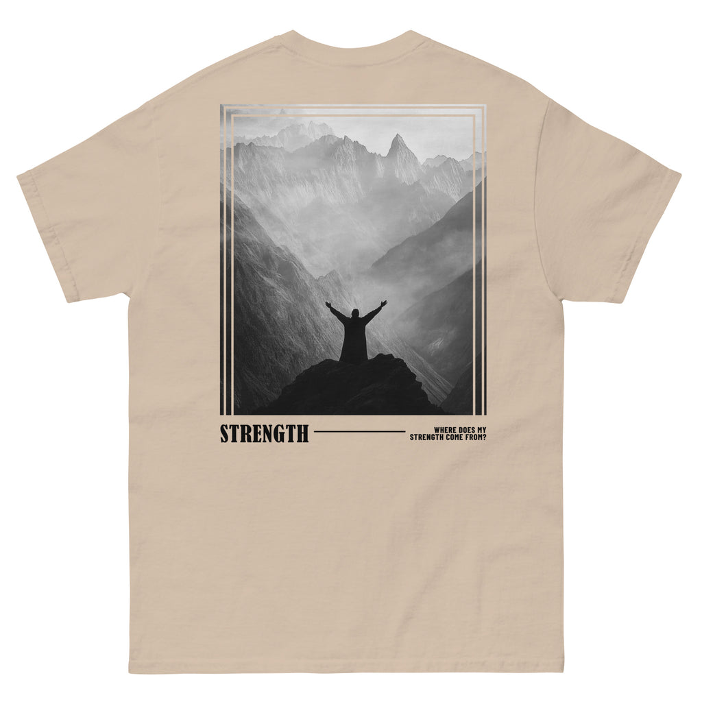 Beige Christian Shirt featuring a mountain design and the word Strength for a motivational look