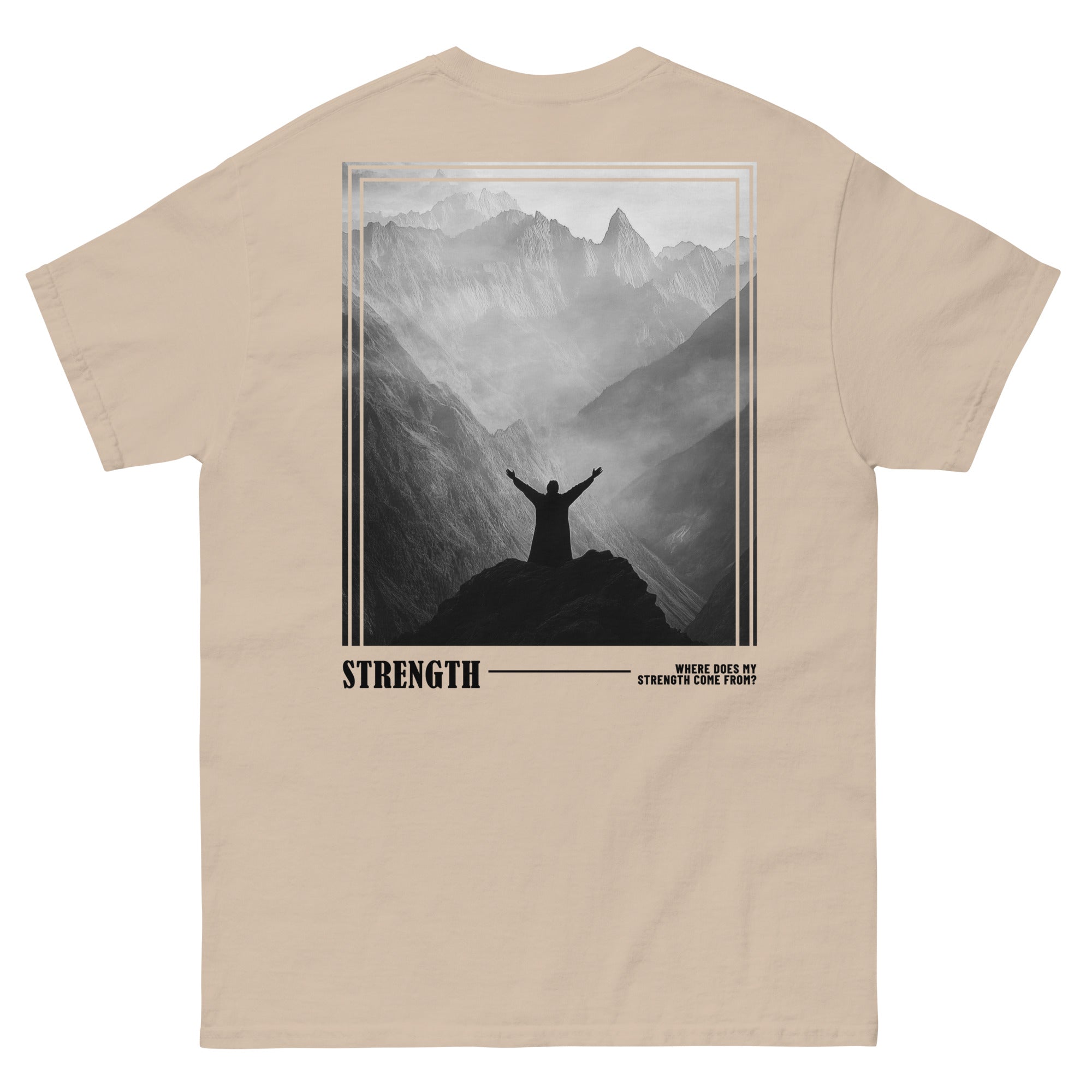 Beige Christian Shirt featuring a mountain design and the word Strength for a motivational look