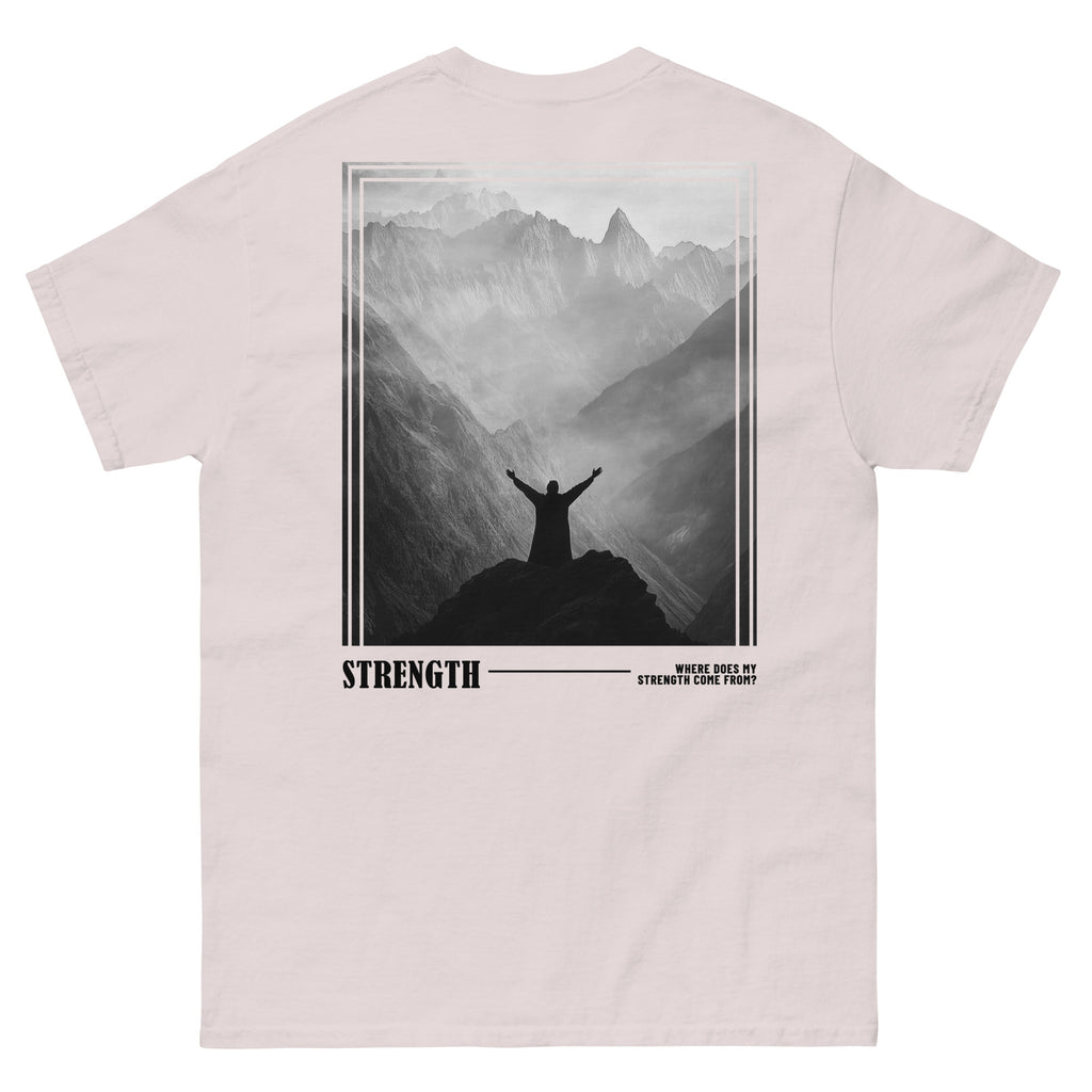 Rep The One Christian Shirt featuring a mountain landscape and the word 'Strength' on the back
