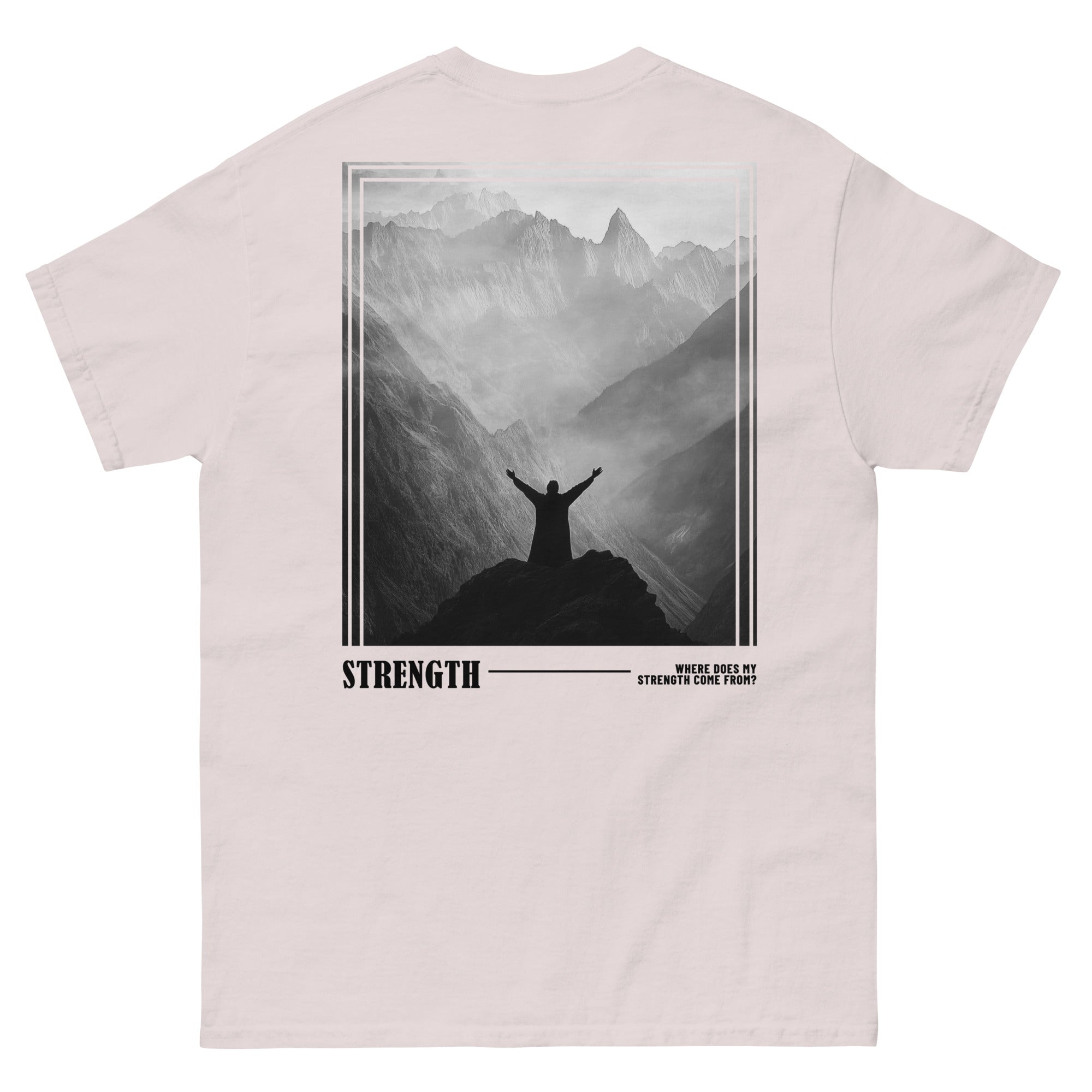 Rep The One Christian Shirt featuring a mountain landscape and the word 'Strength' on the back