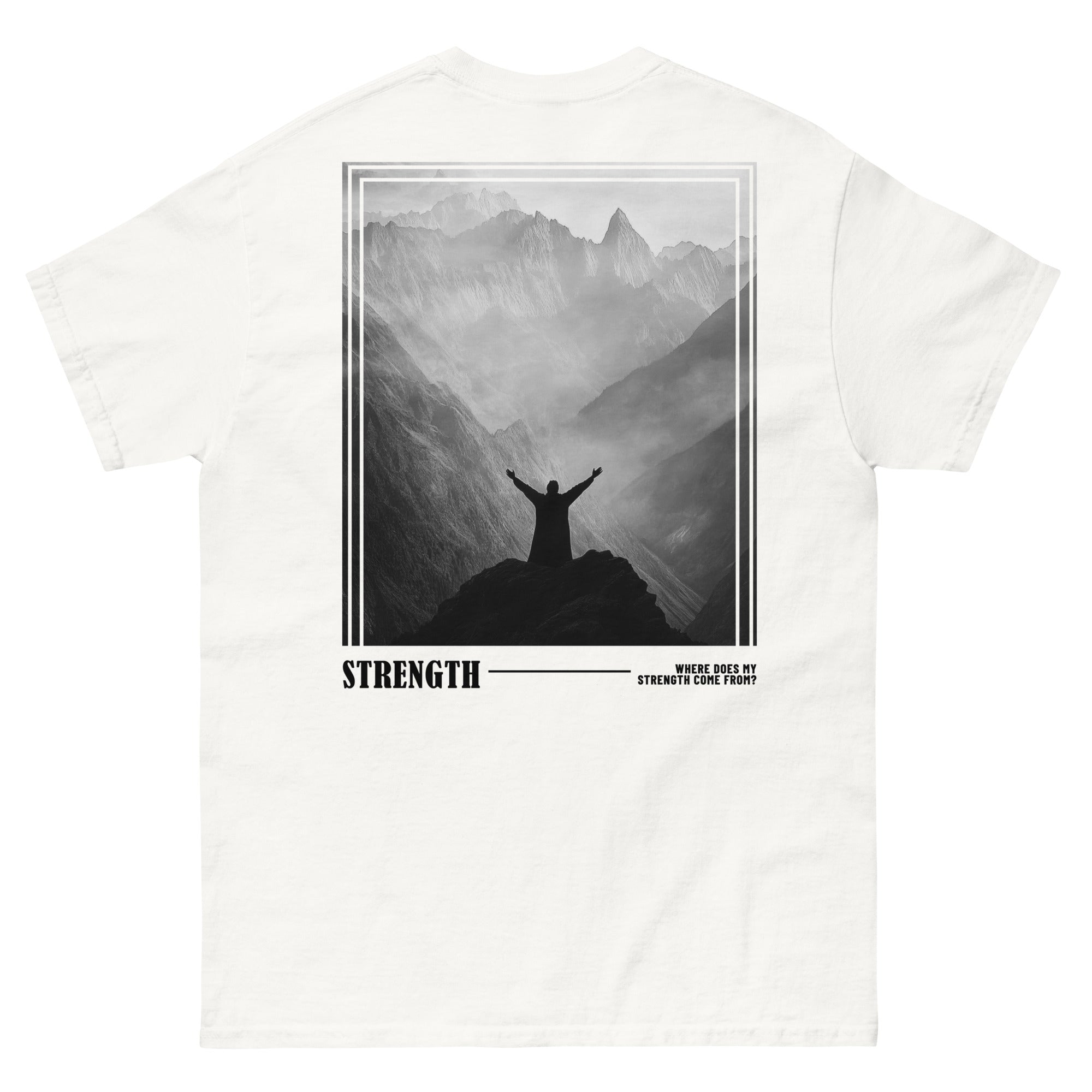 Rep The One Christian Shirt featuring image of a person on a mountain with the word Strength