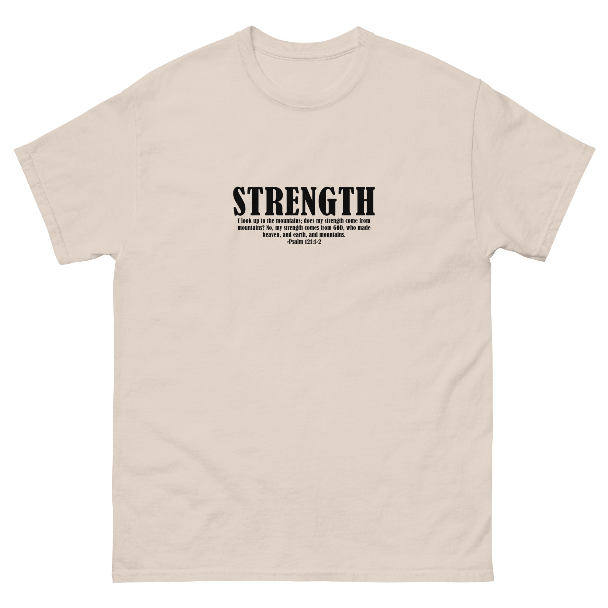 Beige Christian Shirt with 'STRENGTH' text and Bible verse for faith-inspired apparel