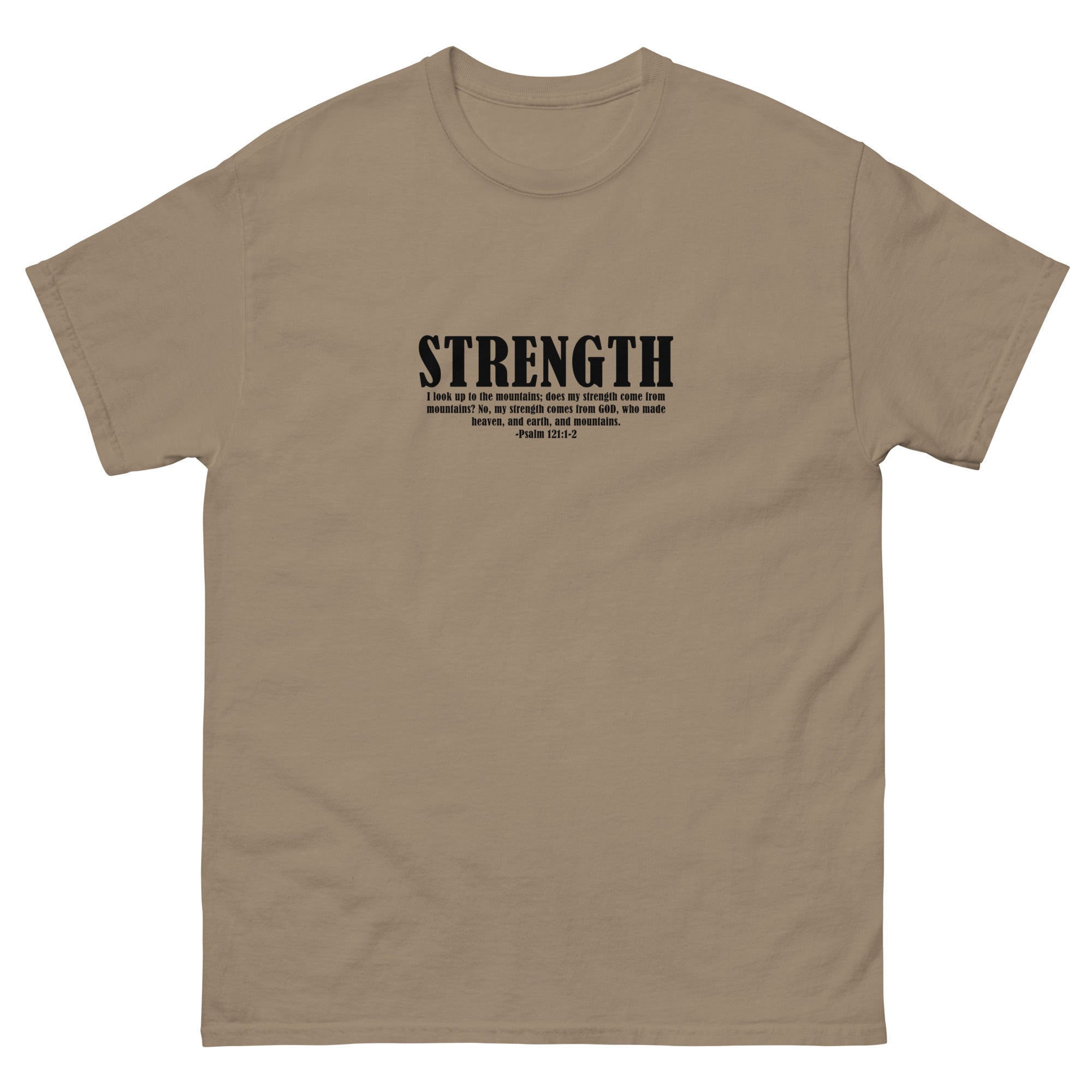 Beige Christian Shirt featuring a Strength Bible verse illustration for inspiration and faith