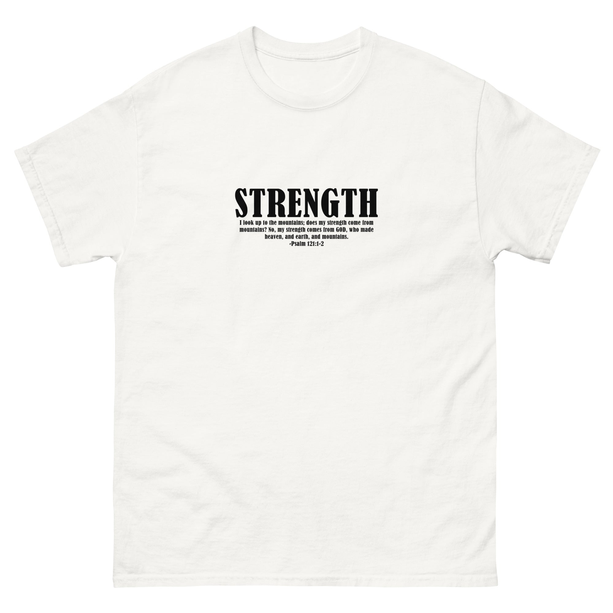 White Christian Shirt featuring the word 'STRENGTH' and a motivational quote from Psalms
