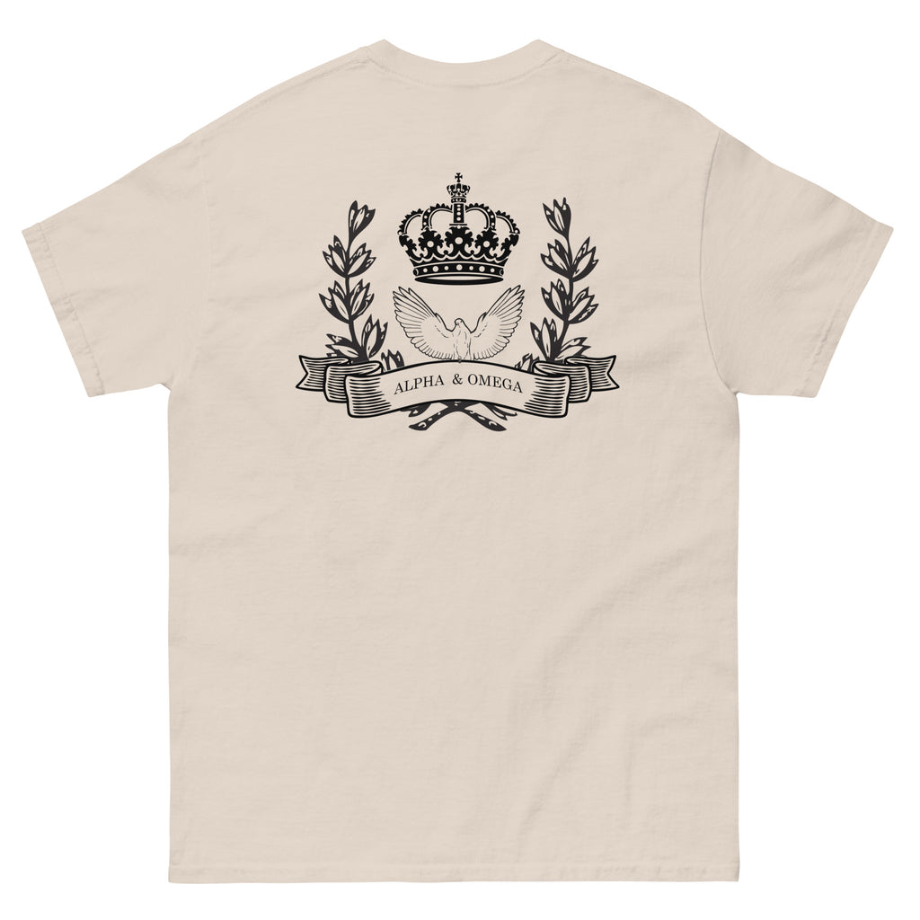 Christian T-shirt with Alpha and Omega design featuring a crown and dove on the back