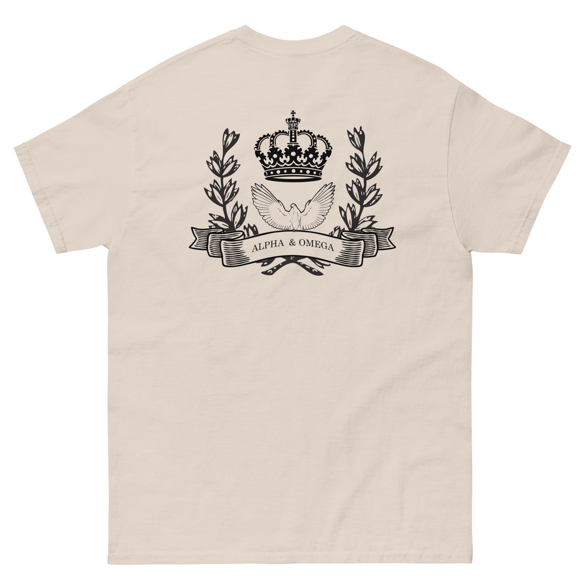 Christian T-shirt with Alpha and Omega design featuring a crown and dove on the back