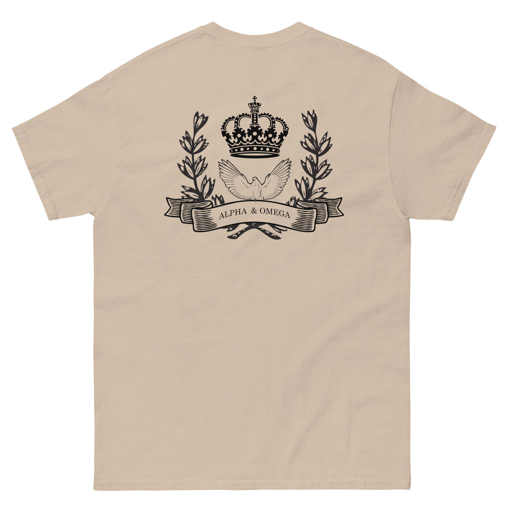 Back view of a beige Christian T-shirt featuring a crown, dove, and Alpha & Omega design