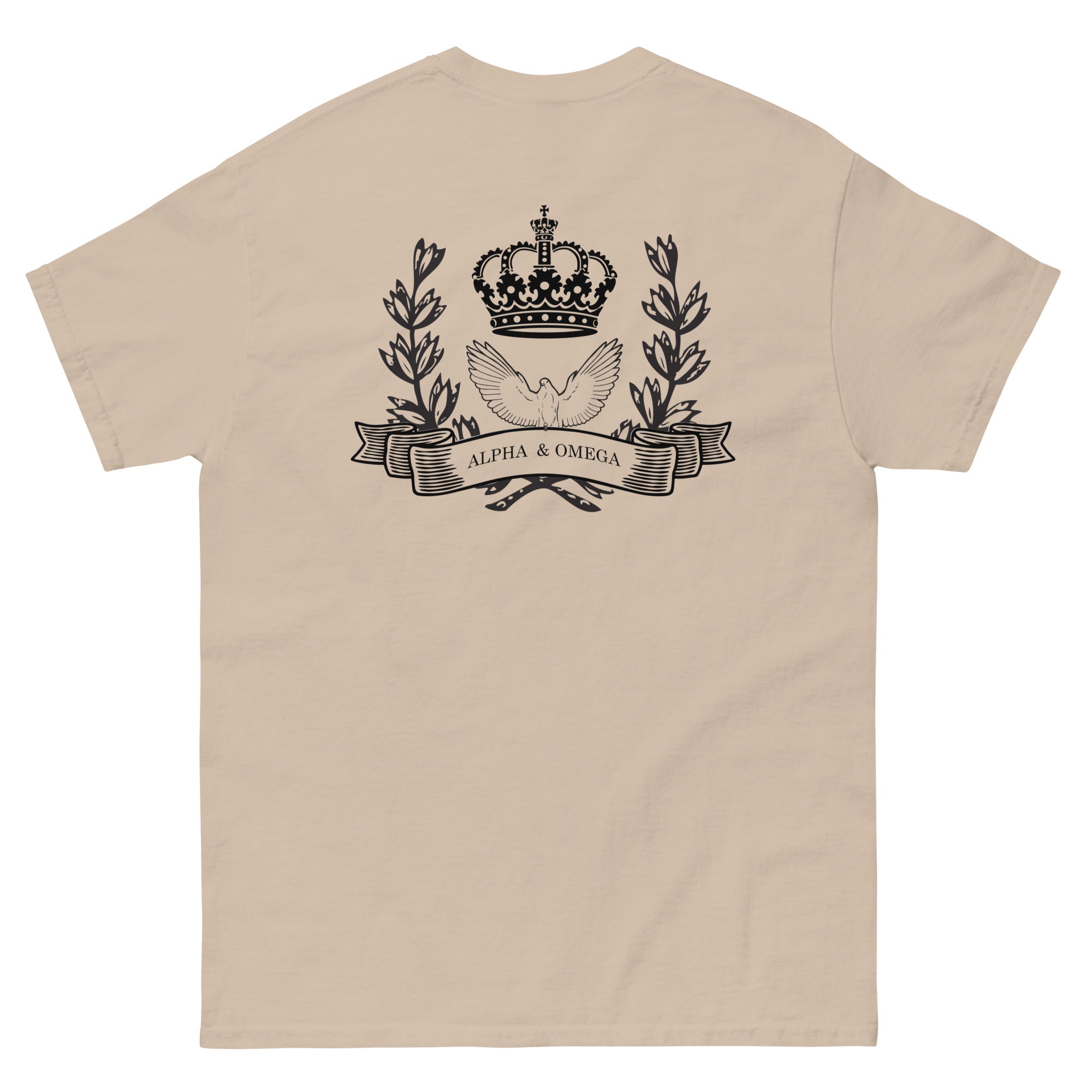 Back view of a beige Christian T-shirt featuring a crown, dove, and Alpha & Omega design