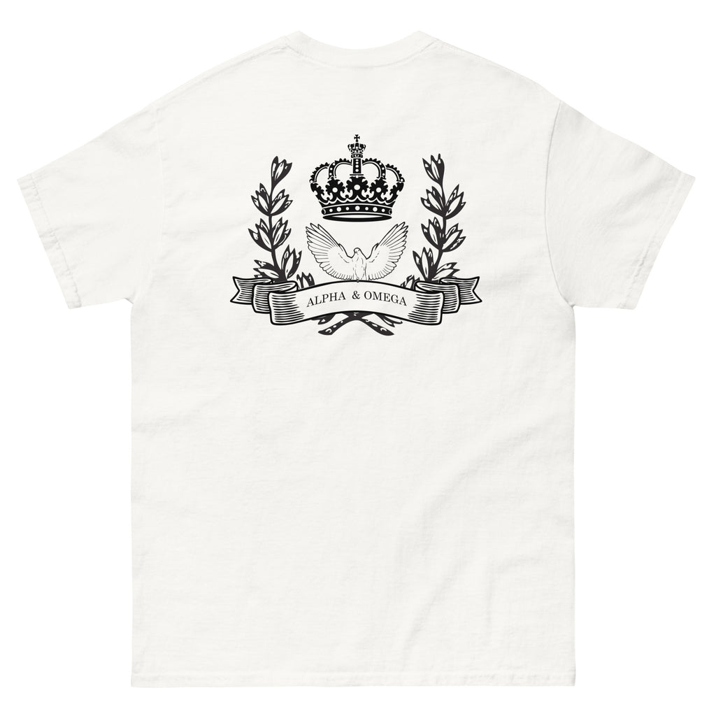 White Christian T-shirt featuring a crown and dove design with 'Alpha & Omega' text