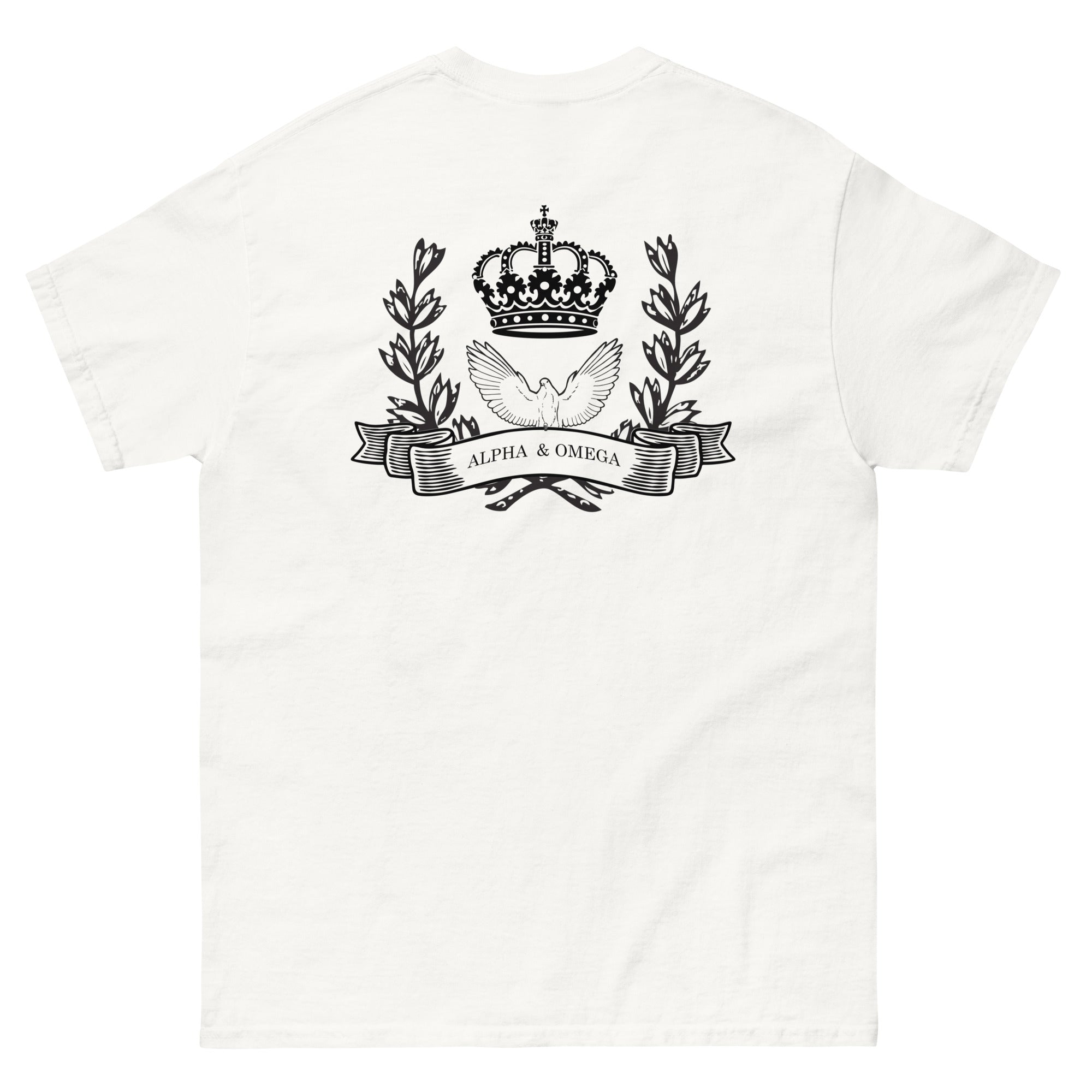White Christian T-shirt featuring a crown and dove design with 'Alpha & Omega' text