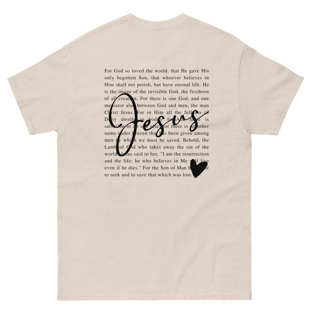Christian T-shirt featuring a scripture design and inspirational text about Jesus