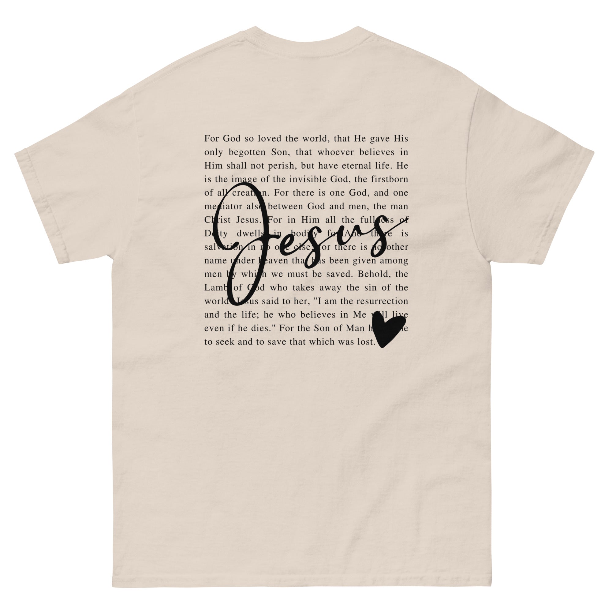Christian T-shirt featuring a scripture design and inspirational text about Jesus