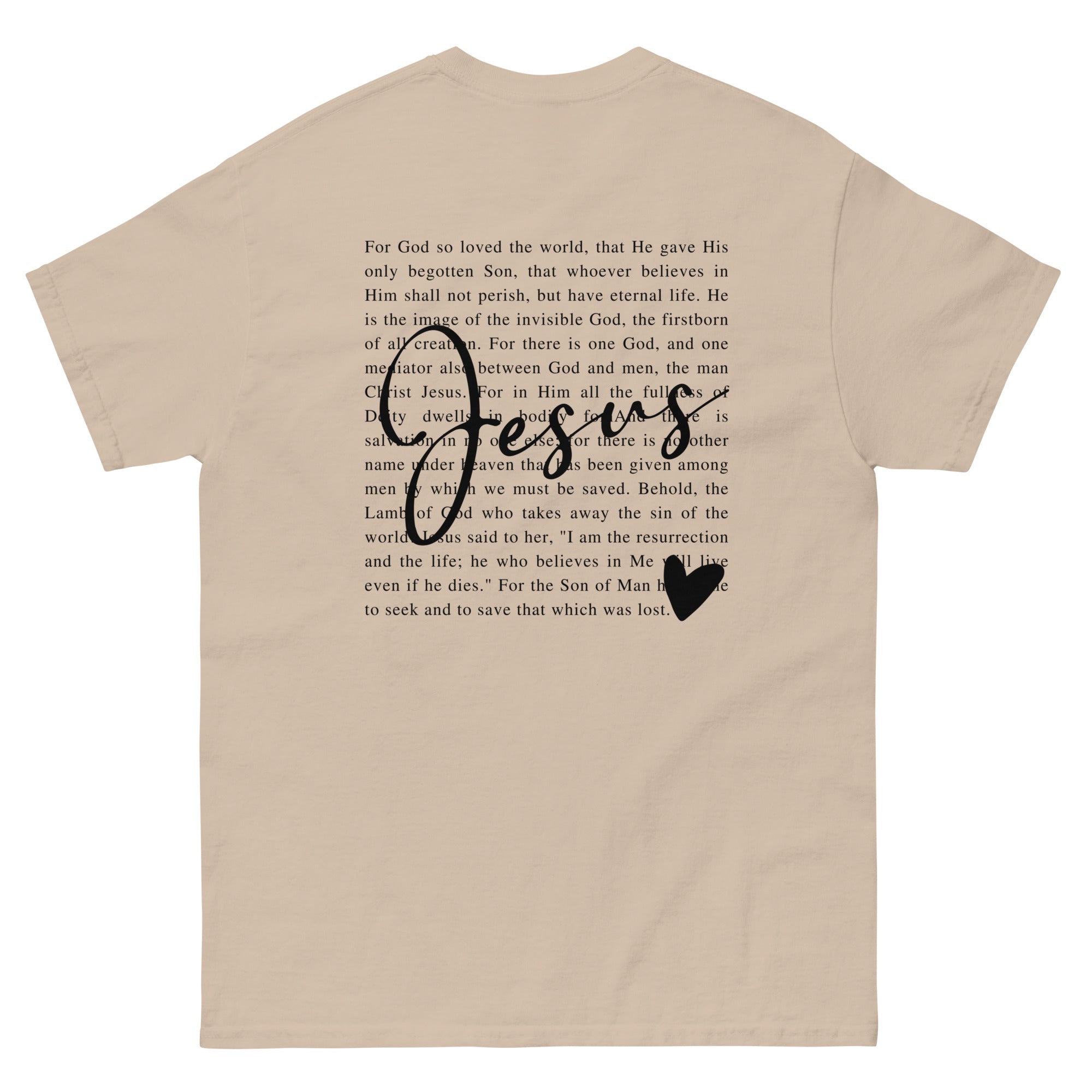 Beige Christian T-shirt featuring a Bible verse and a stylish Jesus graphic design