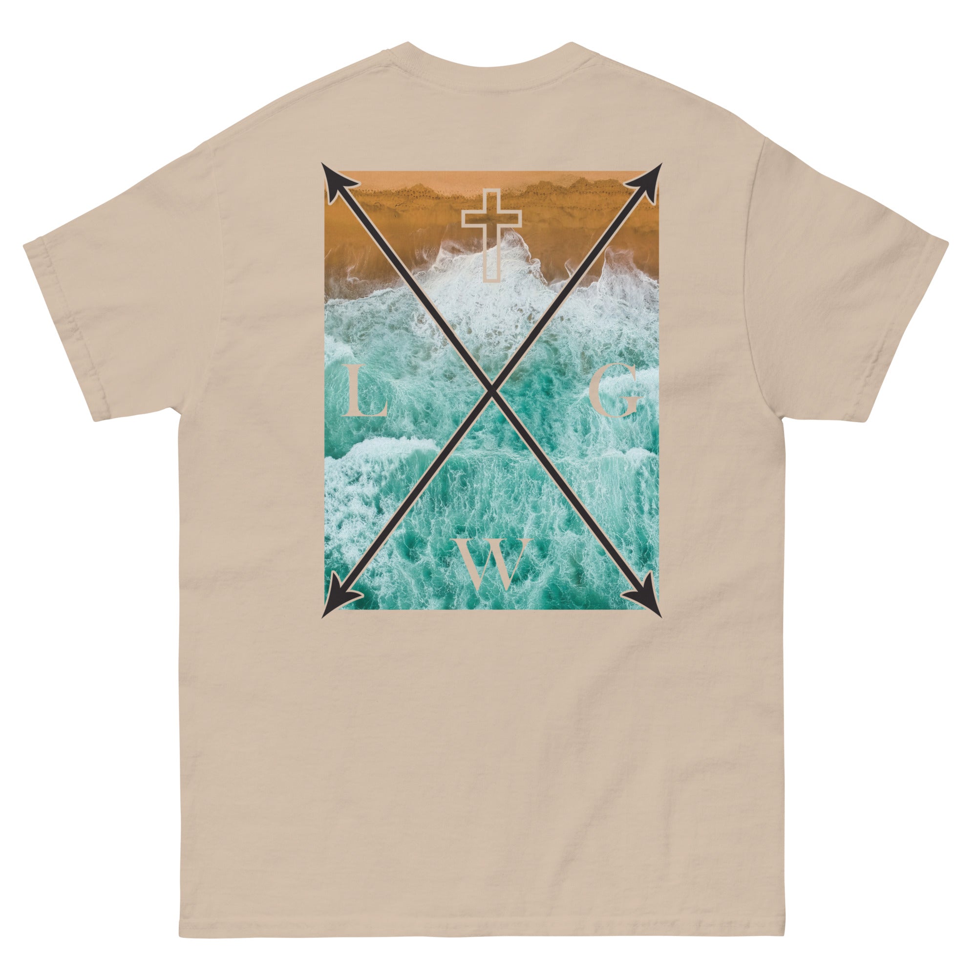 Beige Christian T-shirt featuring graphic design of waves and a cross on the back