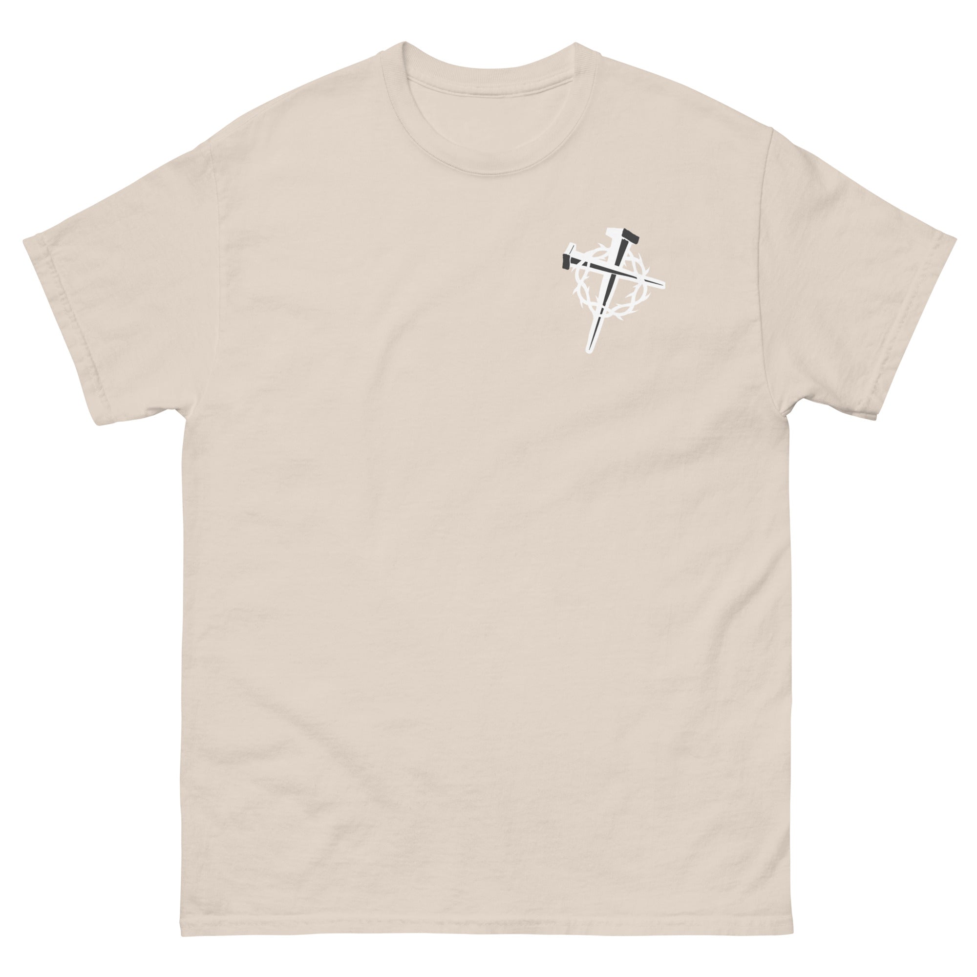 Beige Christian T-shirt with a unique cross and nail design on the front