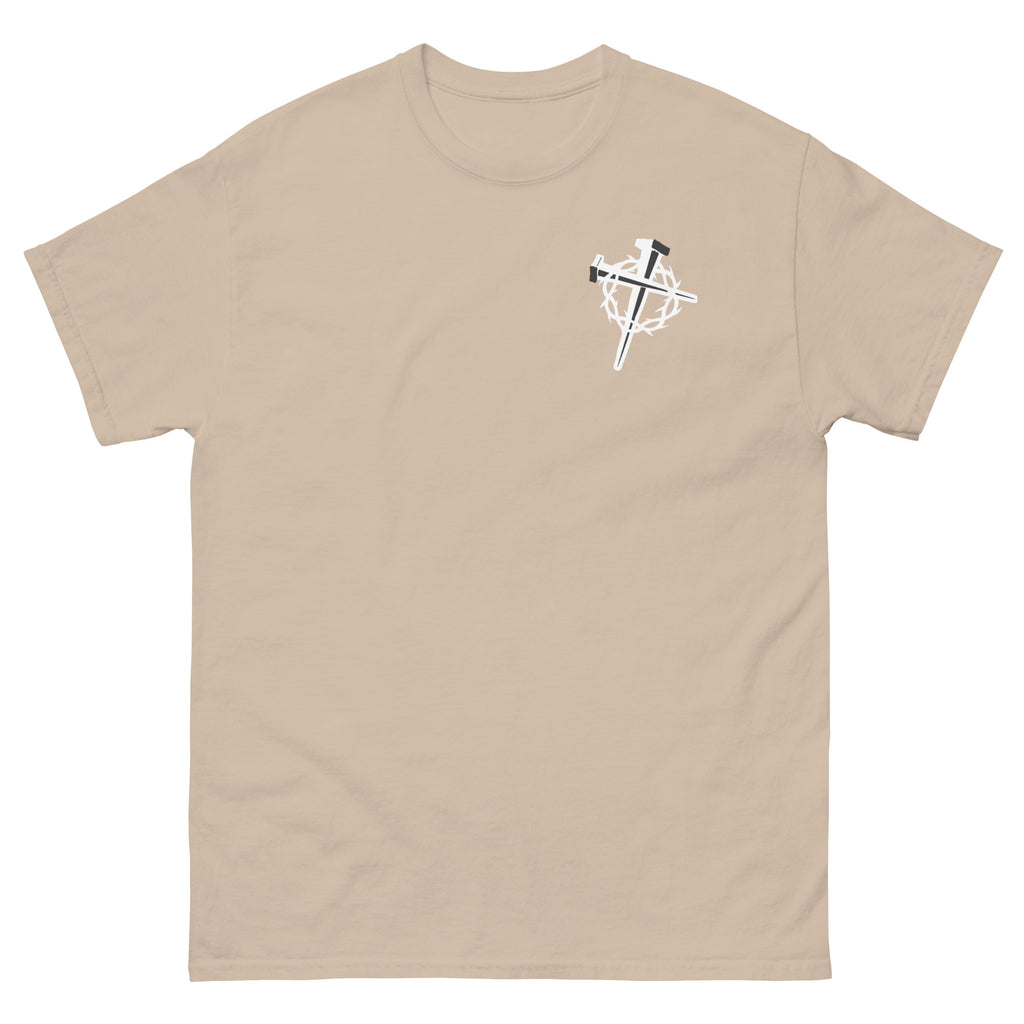 Beige Christian T-shirt with a unique cross graphic on the front for faith enthusiasts