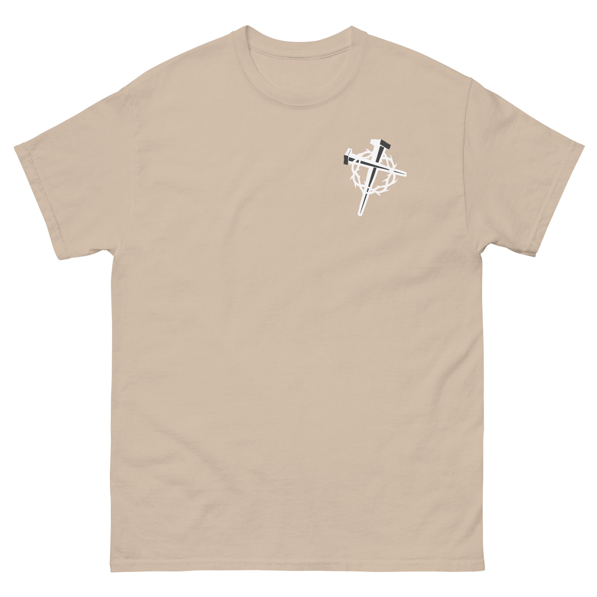 Beige Christian T-shirt with a unique cross graphic on the front for faith enthusiasts