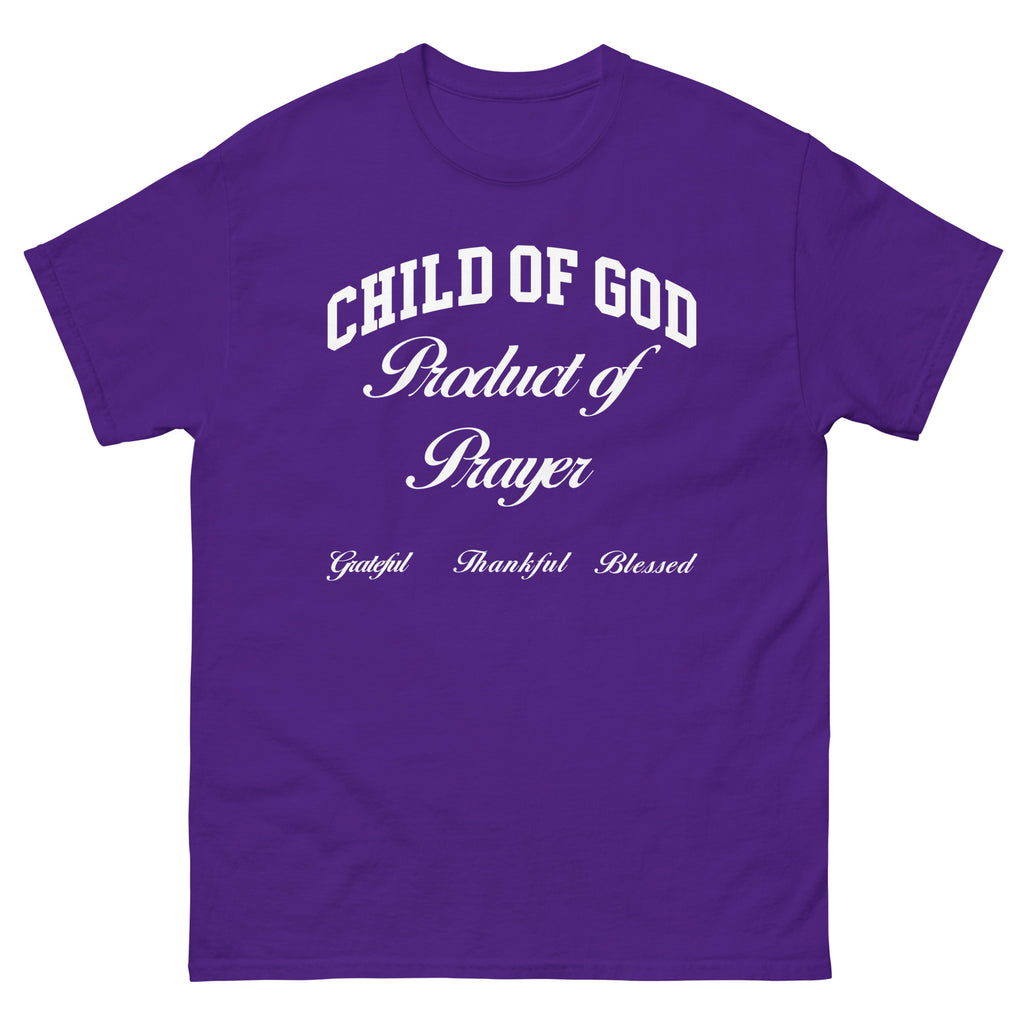 Purple Christian T-shirt with 'Child of God Product of Prayer' text for faith-inspired wear