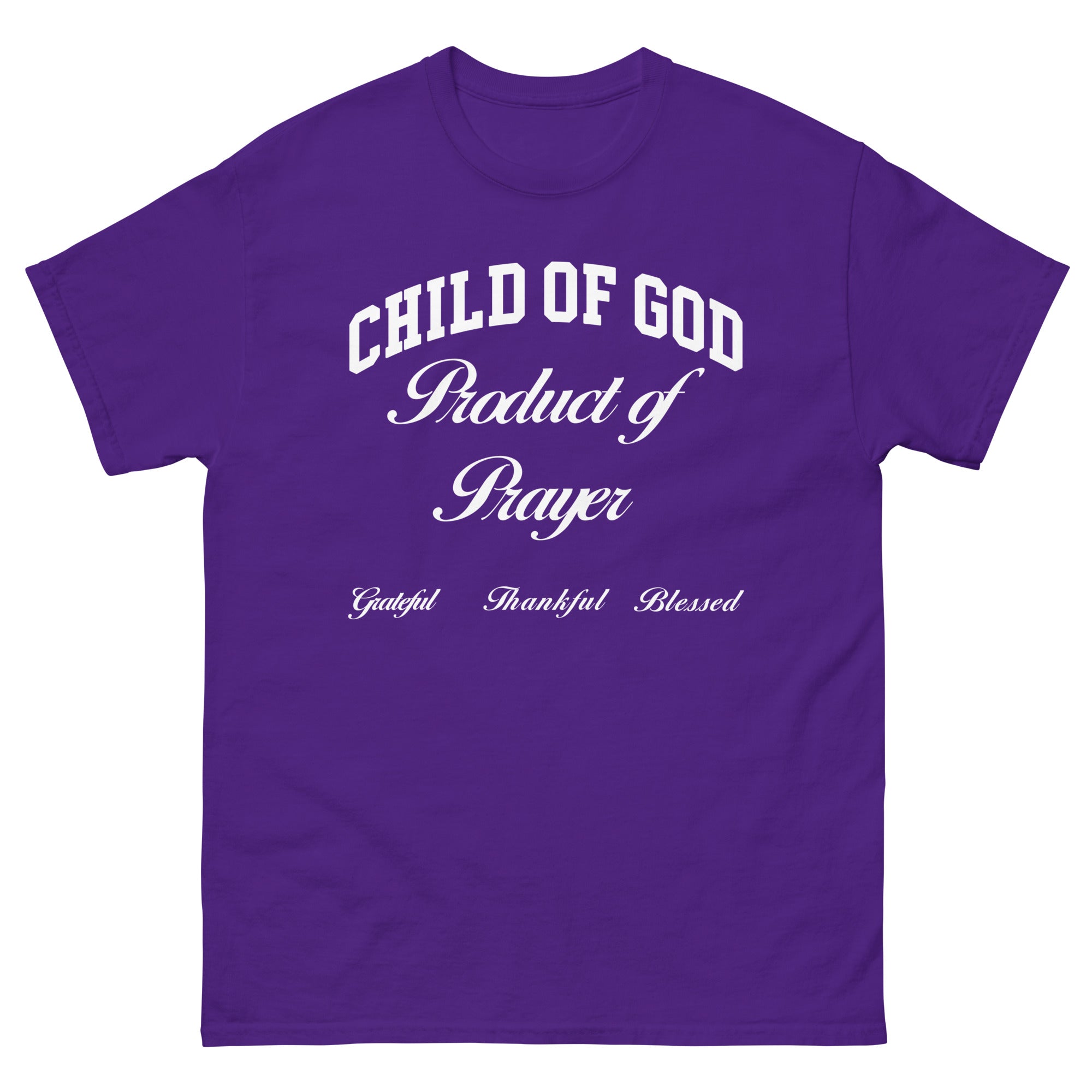Purple Christian T-shirt with 'Child of God Product of Prayer' text for faith-inspired wear