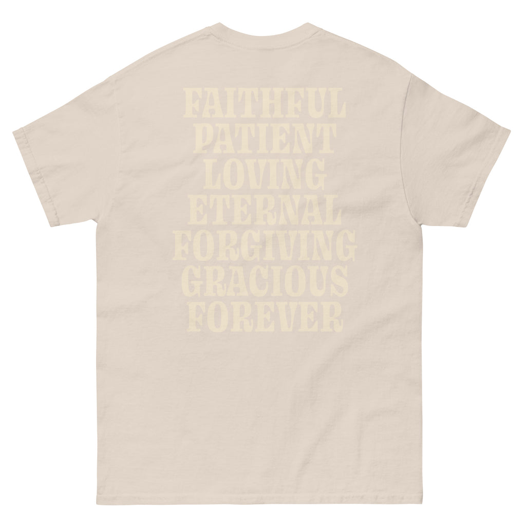 Christian T-Shirt featuring inspirational words like faithful, patient, and forgiving on the back