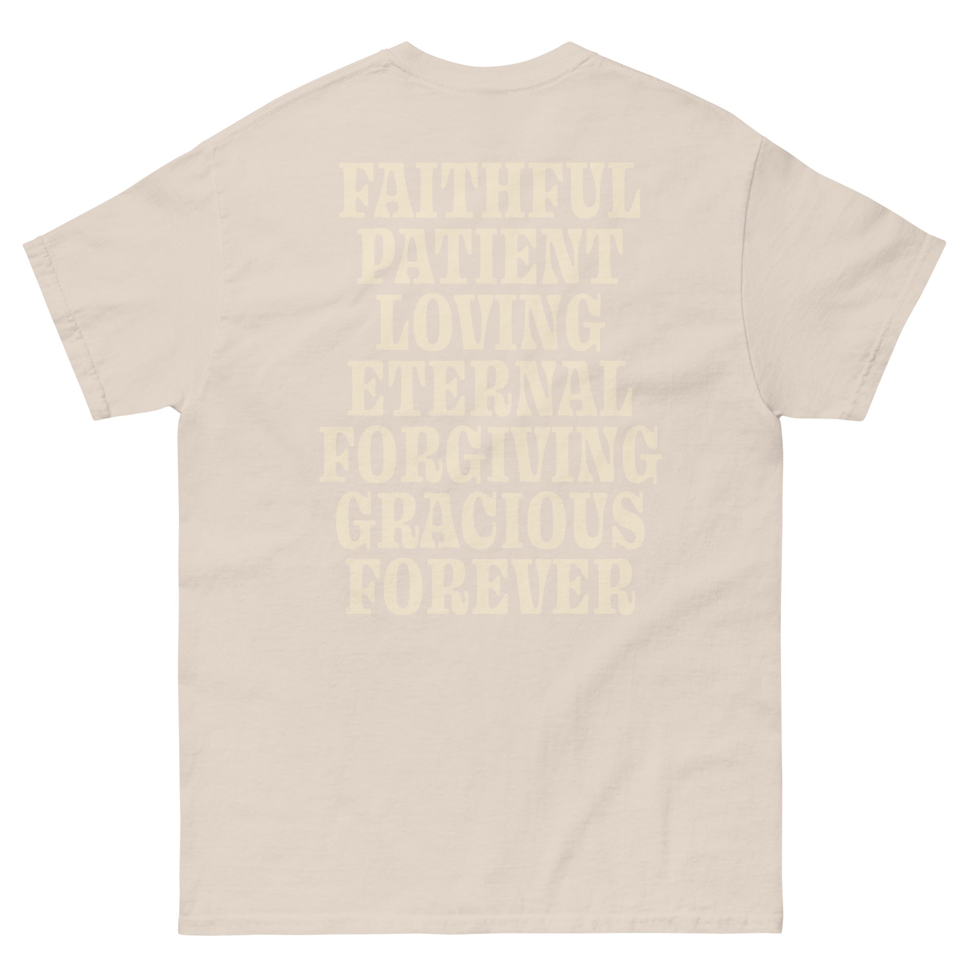 Christian T-Shirt featuring inspirational words like faithful, patient, and forgiving on the back