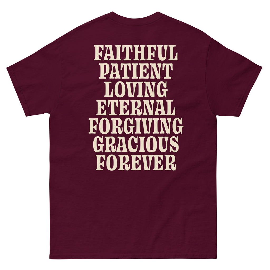Maroon Christian T-Shirt with positive attributes printed on the back for faith-inspired wearers