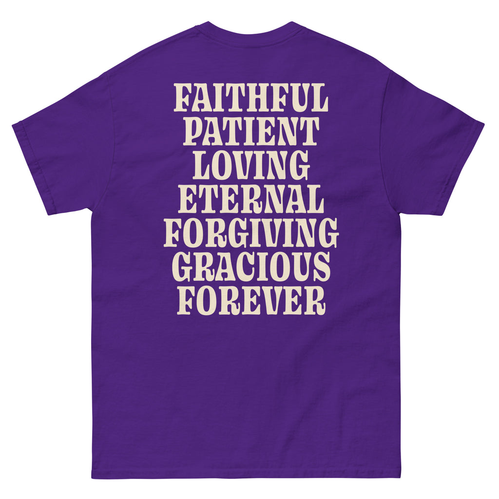 Purple Christian T-Shirt featuring the words Faithful, Patient, Loving, Eternal, Forgiving, Gracious, Forever