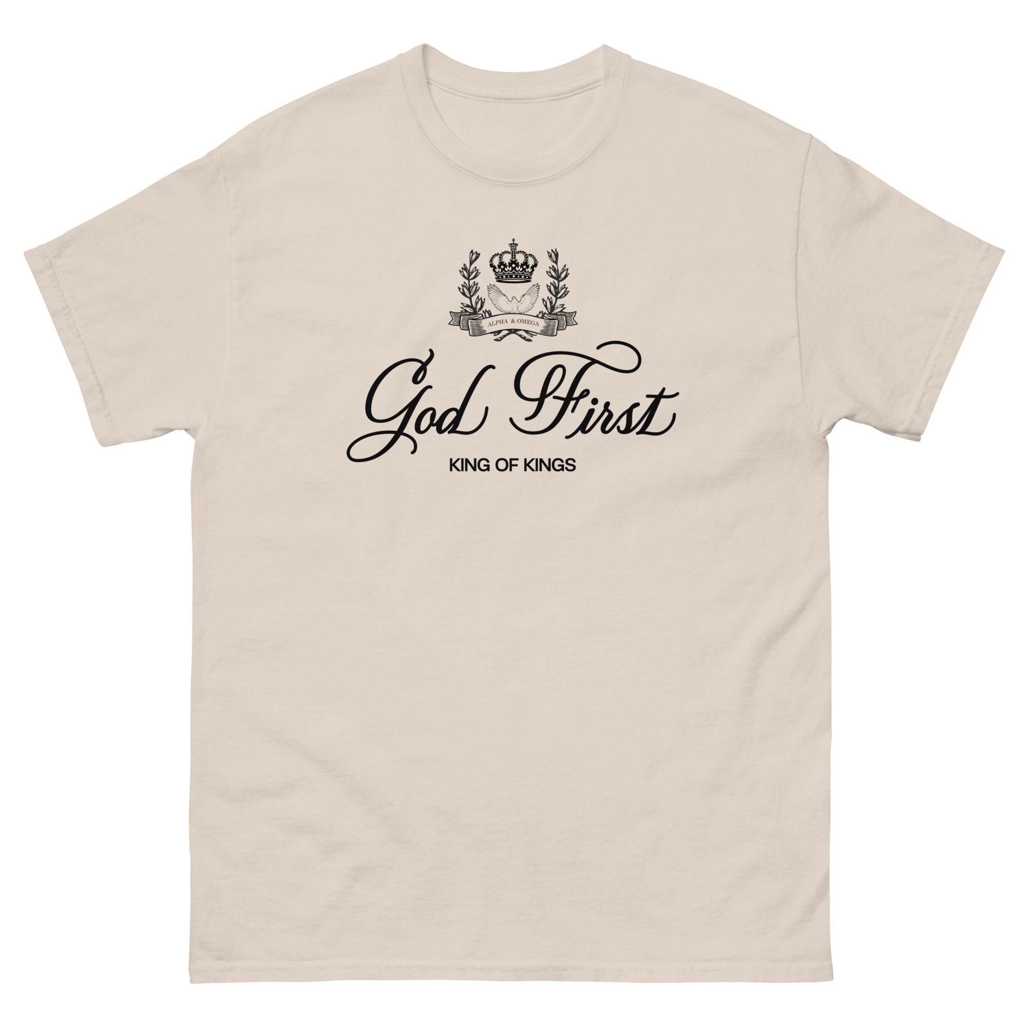 Beige Christian T-shirt with 'God First' and 'King of Kings' text design for faith-based apparel