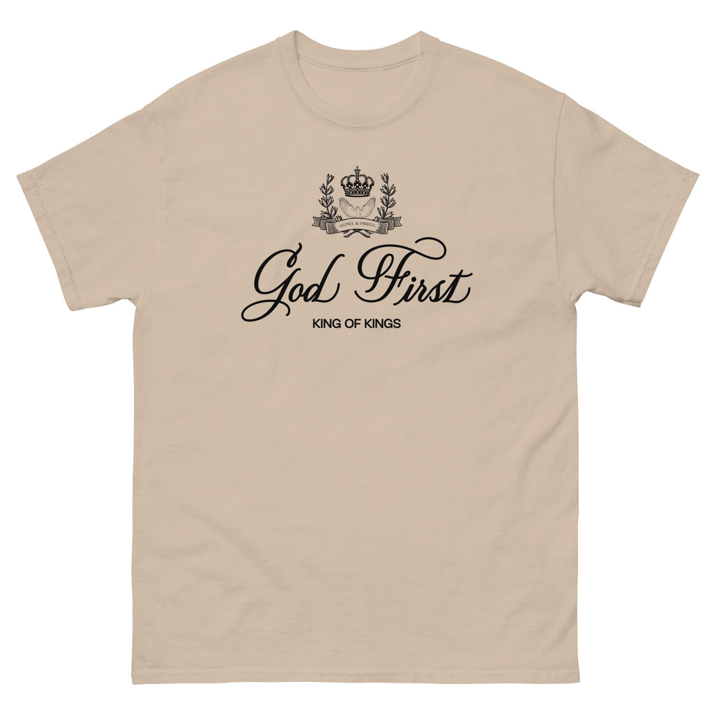 Christian T-shirt in beige featuring 'God First King of Kings' stylish design with crown and laurels