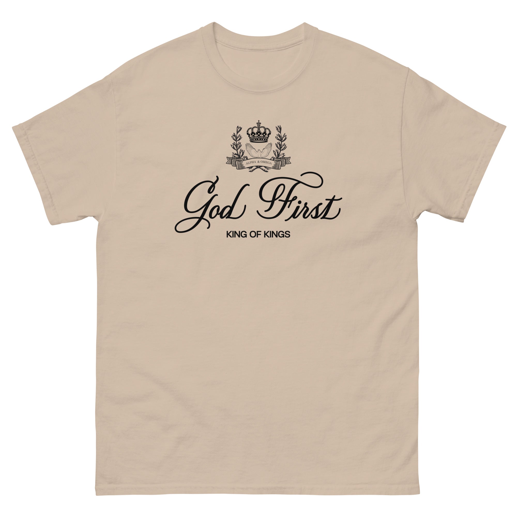Christian T-shirt in beige featuring 'God First King of Kings' stylish design with crown and laurels