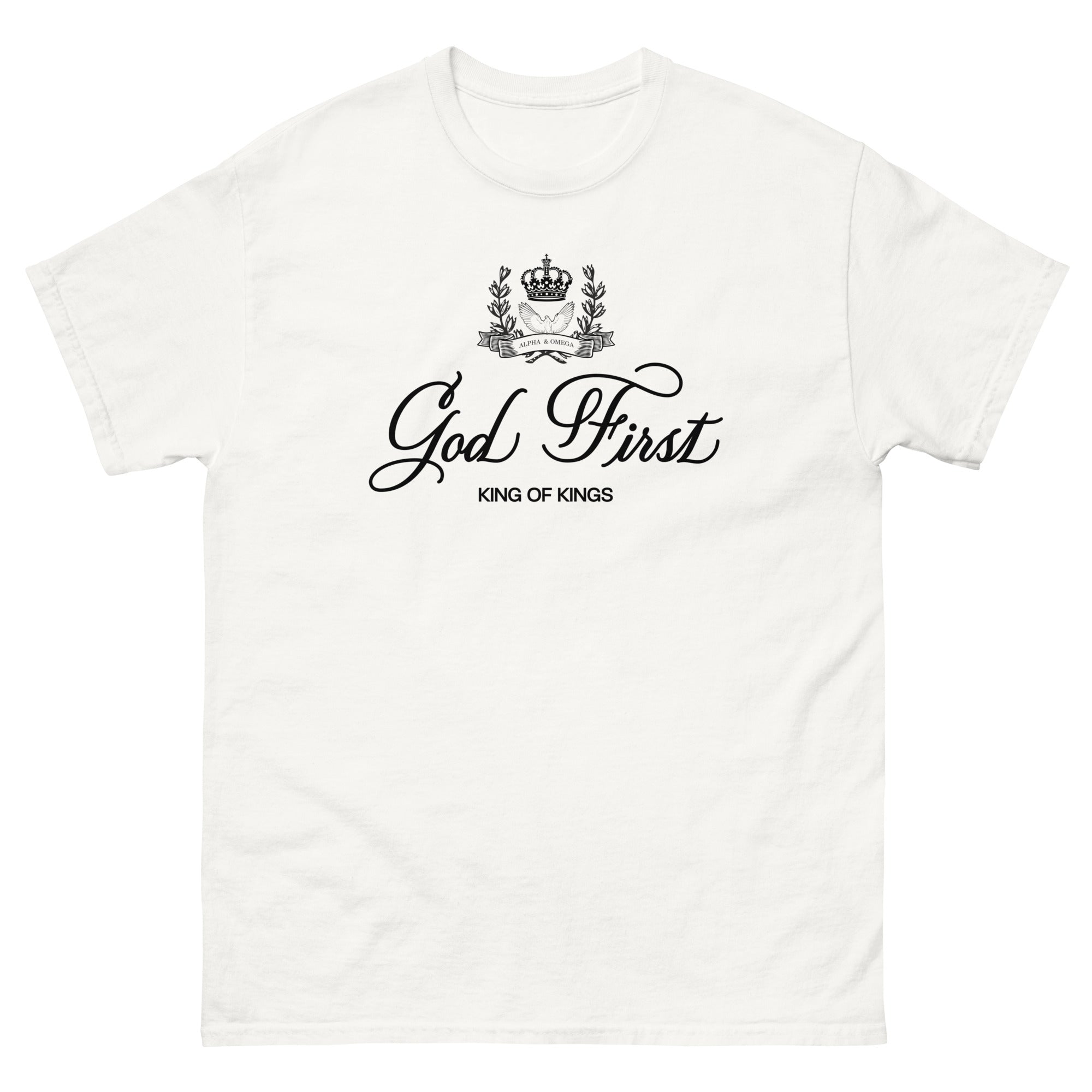 White Christian T-shirt featuring 'God First King of Kings' design for inspirational fashion