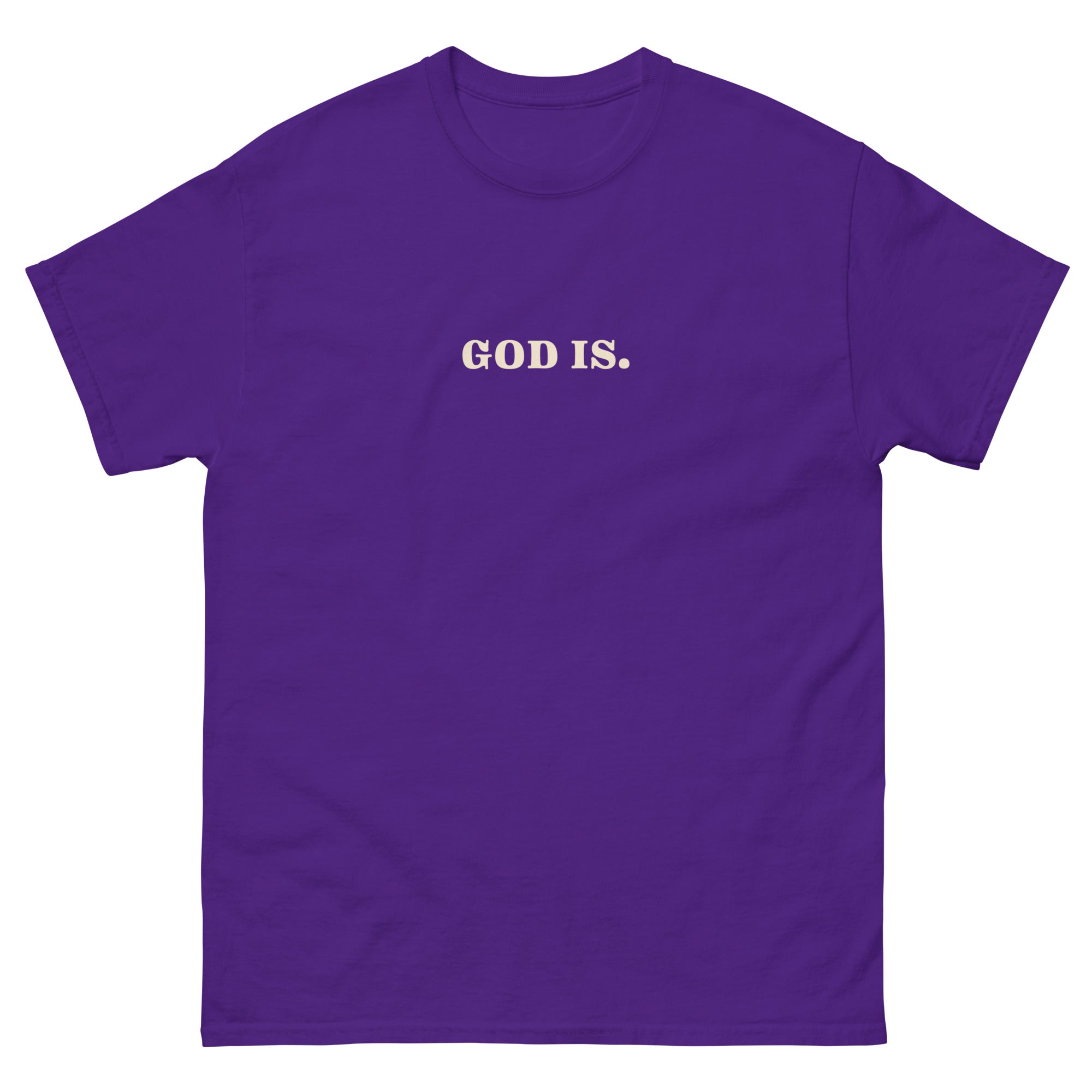 Purple Christian T-Shirt featuring the text God Is for expressing faith and belief