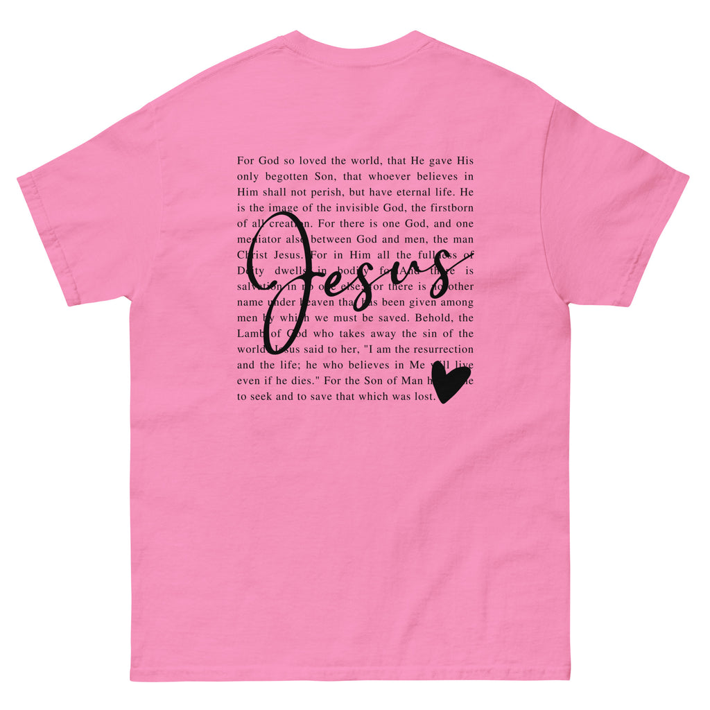 Pink Christian T-shirt featuring a Bible verse and stylish Jesus graphic for faith-inspired wear