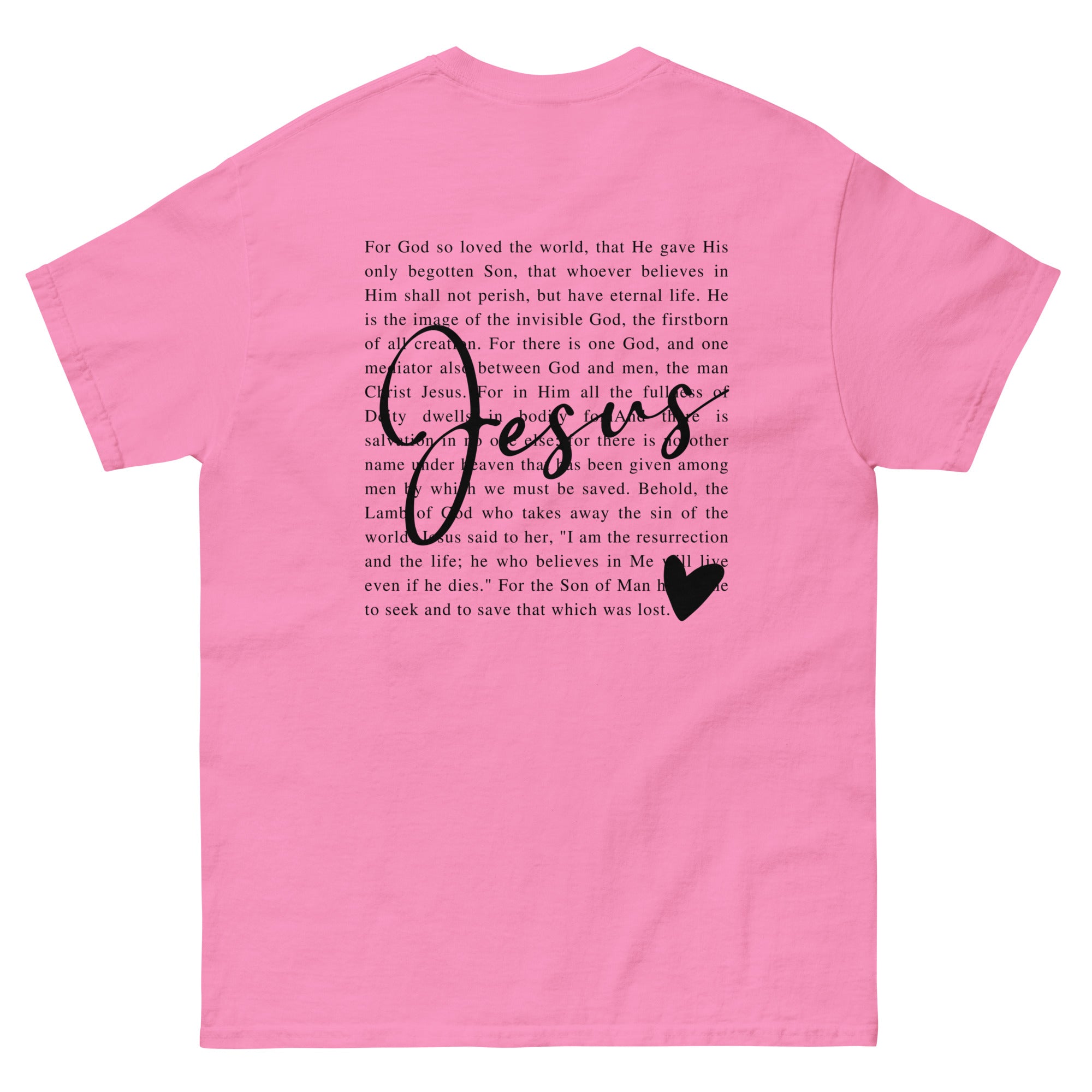 Pink Christian T-shirt featuring a Bible verse and stylish Jesus graphic for faith-inspired wear