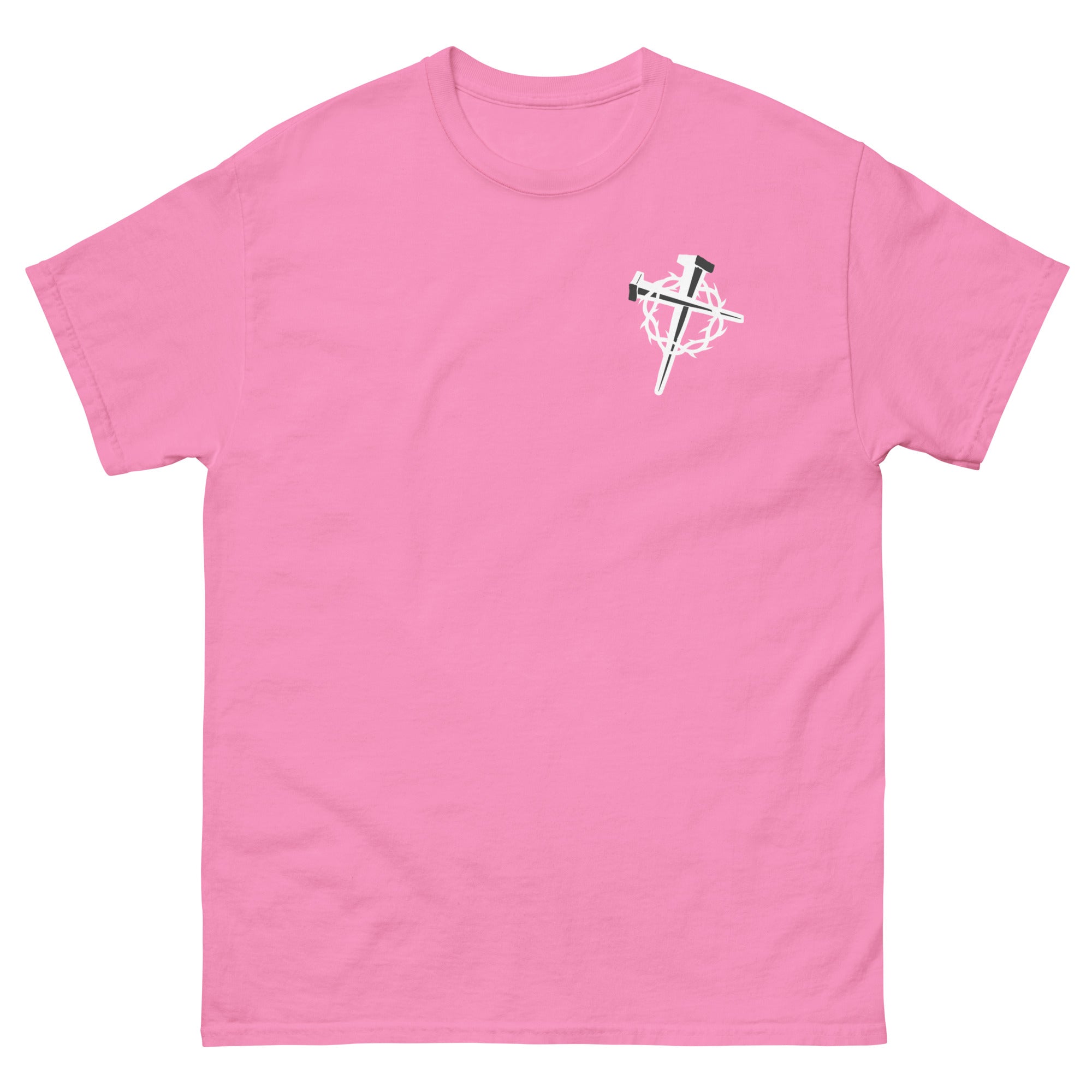 Pink Christian T-shirt featuring a unique cross design on the front for faith-inspired fashion