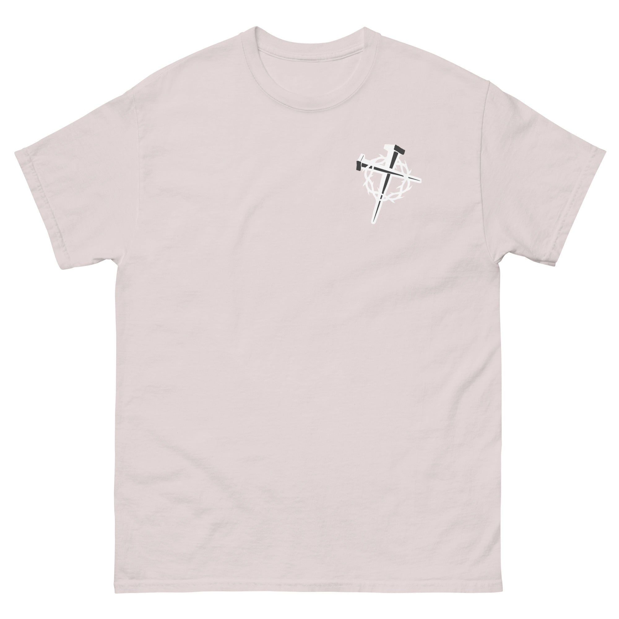Light pink Christian T-shirt featuring a unique artistic design on the front side