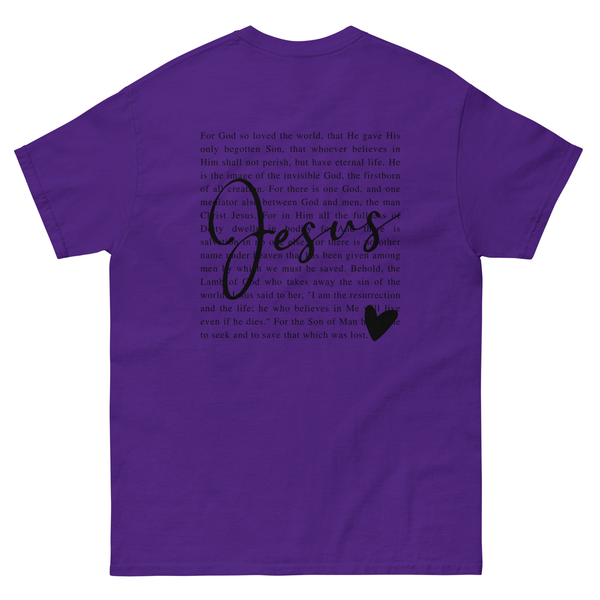 Purple Christian T-shirt featuring a scripture design and inspirational text about Jesus