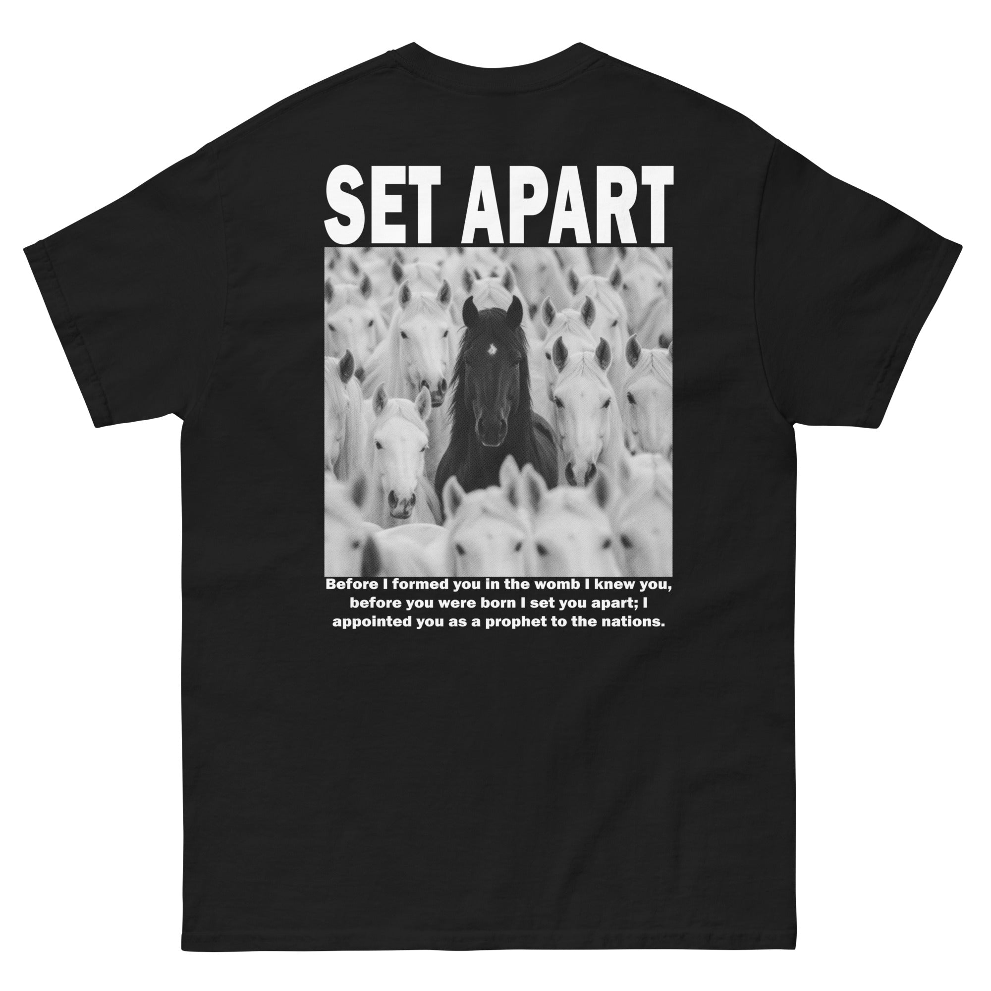 Black Christian T-shirt featuring the phrase Set Apart with a graphic of horses and a biblical quote
