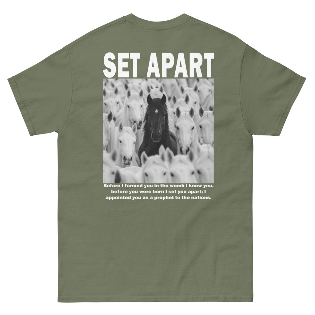 Christian T-shirt in olive green featuring a bold 'Set Apart' graphic with horses and a faith-based quote