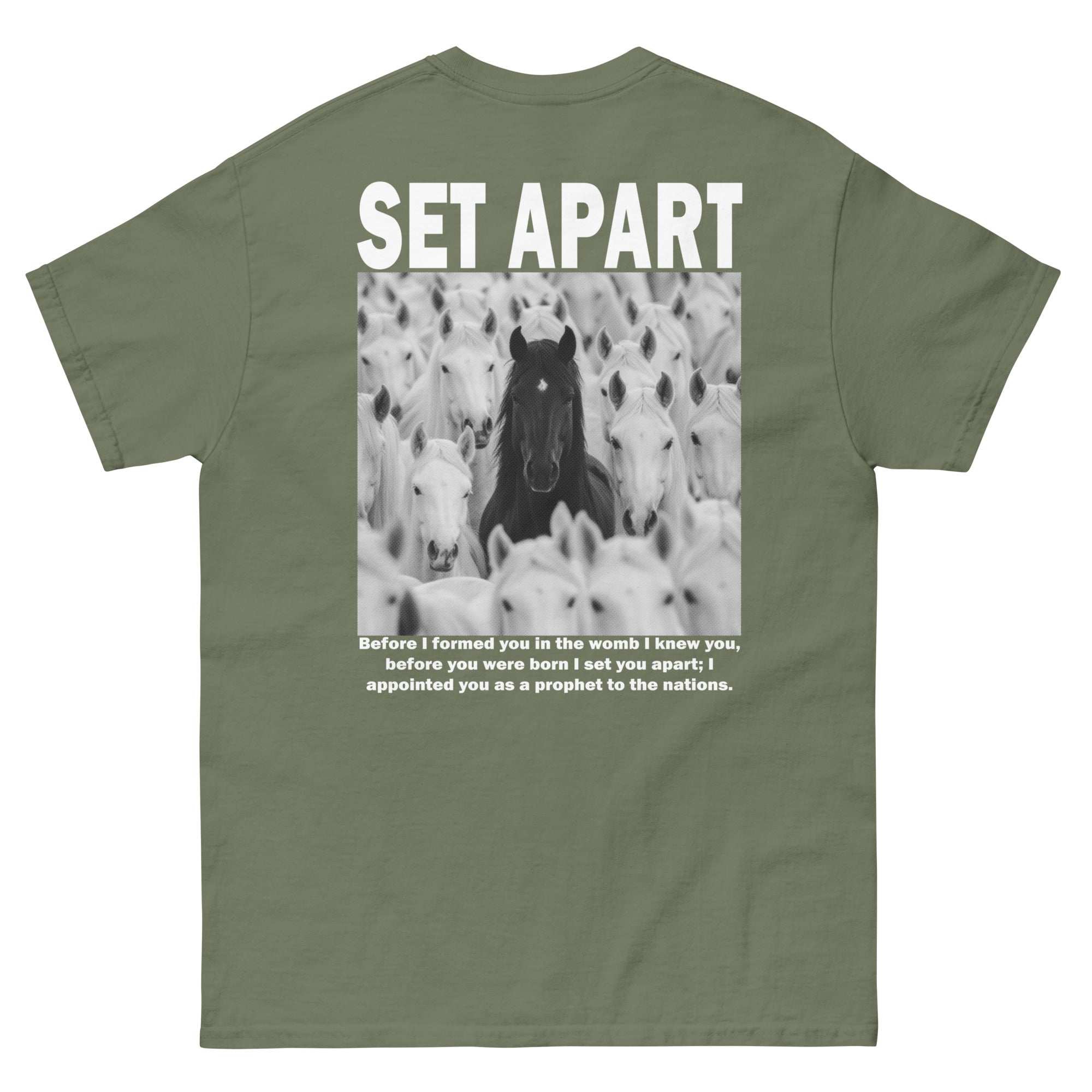 Christian T-shirt in olive green featuring a bold 'Set Apart' graphic with horses and a faith-based quote