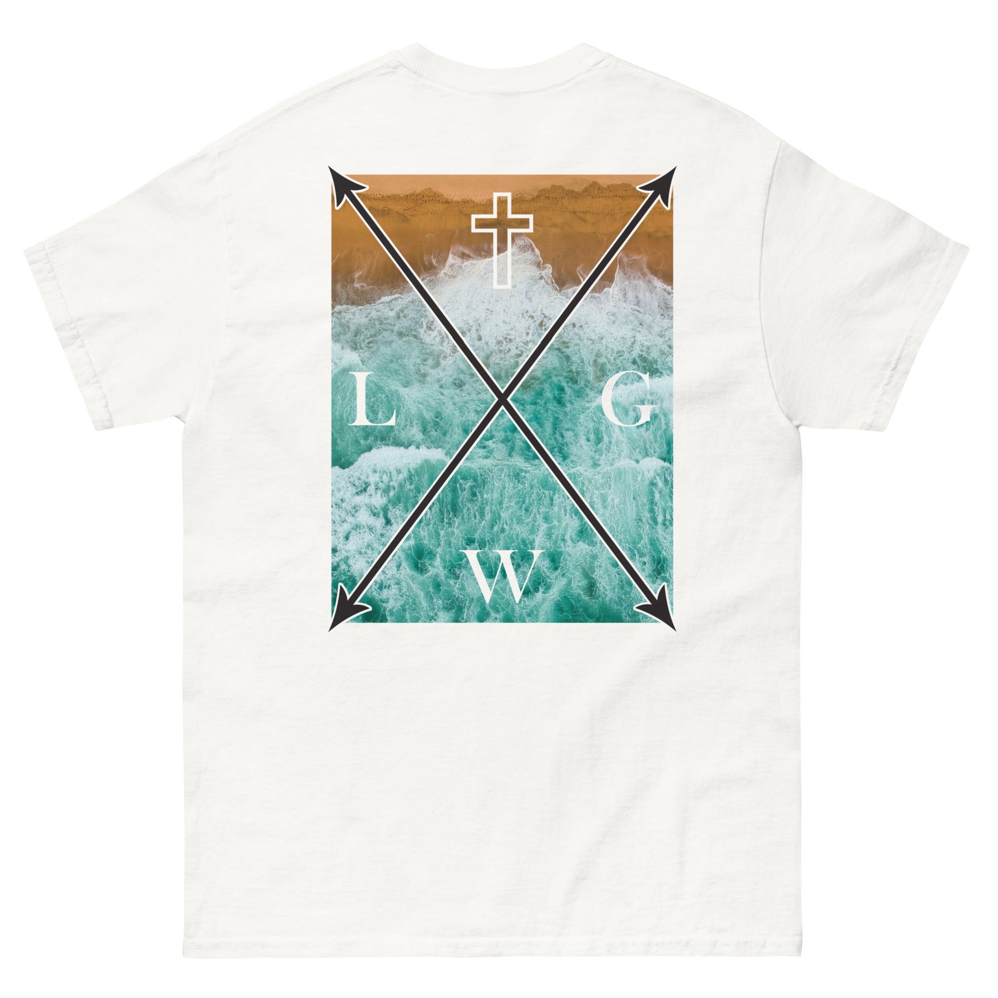 White Christian T-shirt featuring a graphic design with a cross and ocean waves