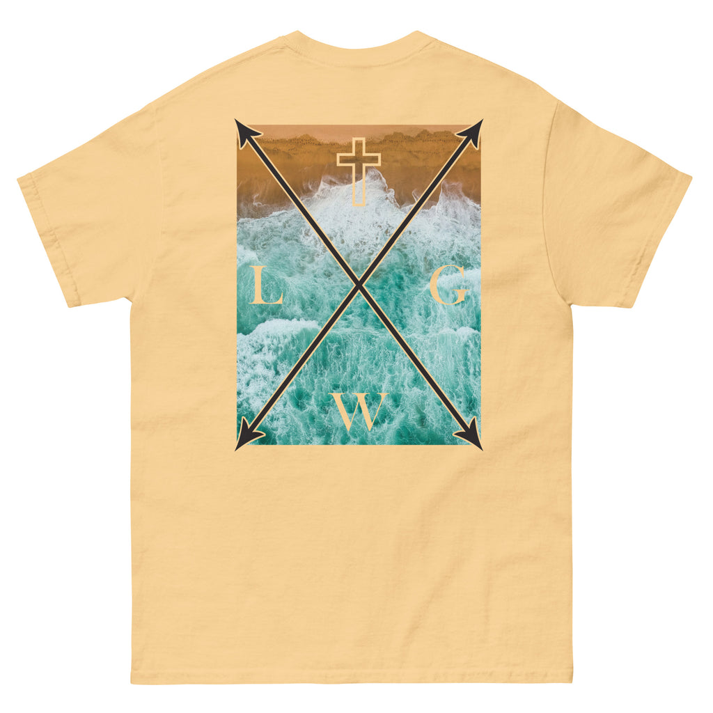 Yellow Christian T-shirt featuring a cross design and waves, perfect for faith-inspired fashion.