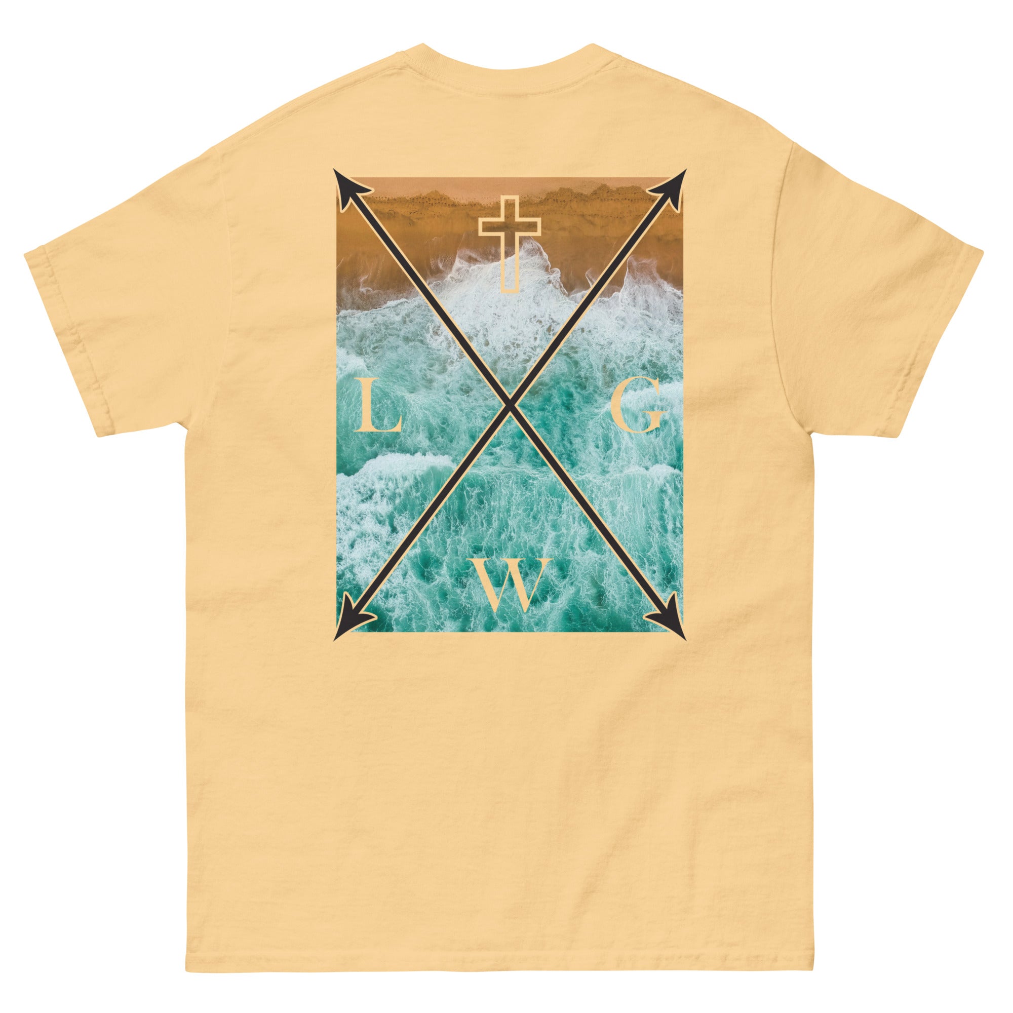 Yellow Christian T-shirt featuring a cross design and waves, perfect for faith-inspired fashion.